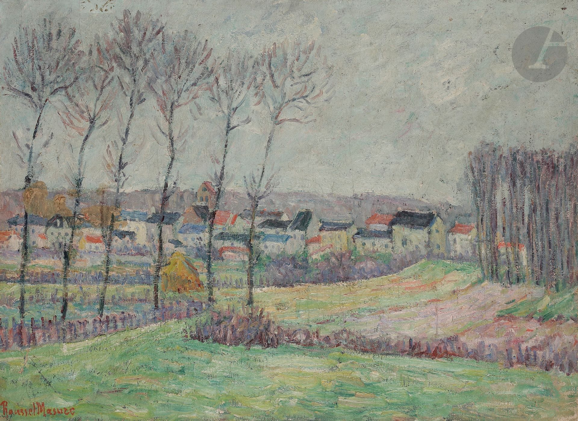 Henri ROUSSEL-MASURE (1863-1919)
Village en hiver
Huile sur toile.
Signée en bas à gauche.
Signée au dos.
(Petits accidents et restaurations).
54 x 73 cm