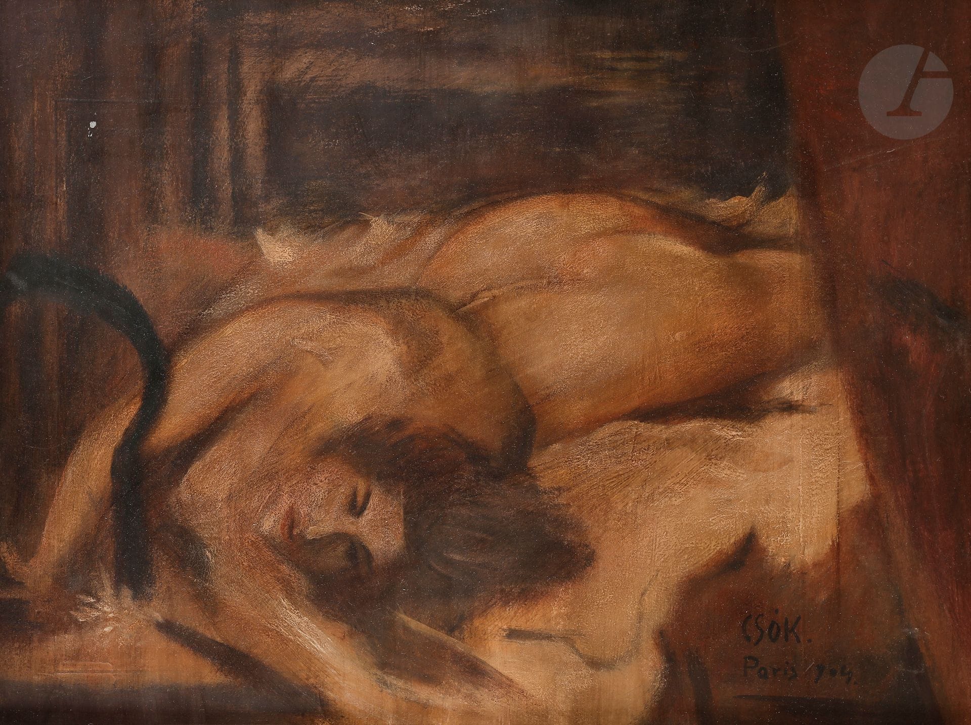 István CSOK (1865-1961)
Nu au divan, 1904
Huile sur carton.
Signée et datée en bas à droite.
43,5 x 57,5 cm