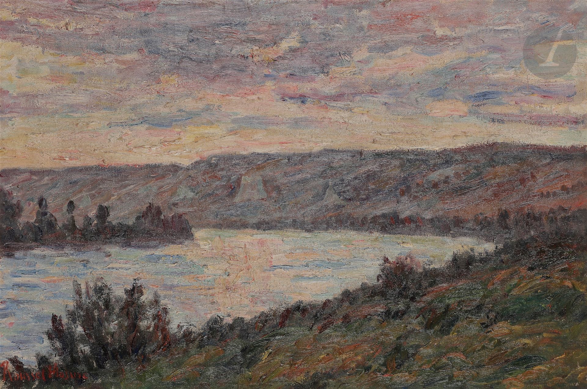 Henri ROUSSEL-MASURE (1863-1919)
La Seine au crépuscule
Huile sur toile.
Signée en bas à gauche.
38 x 55 cm