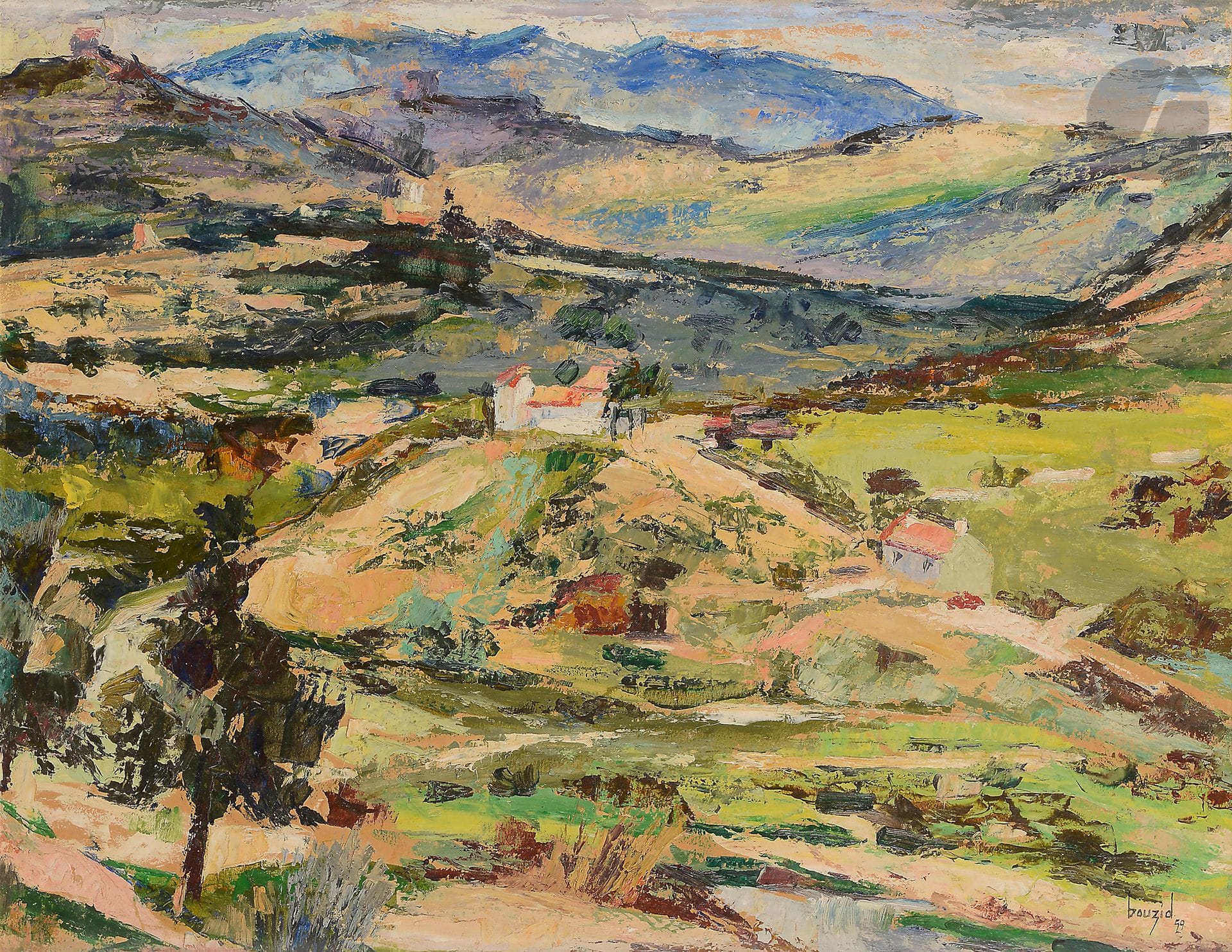 Mohamed BOUZID (né en 1929)
Paysage, 1959
Huile sur papier monté sur toile.
Signée et datée en bas à droite.
(Petit enfoncement)
50 x 65 cm