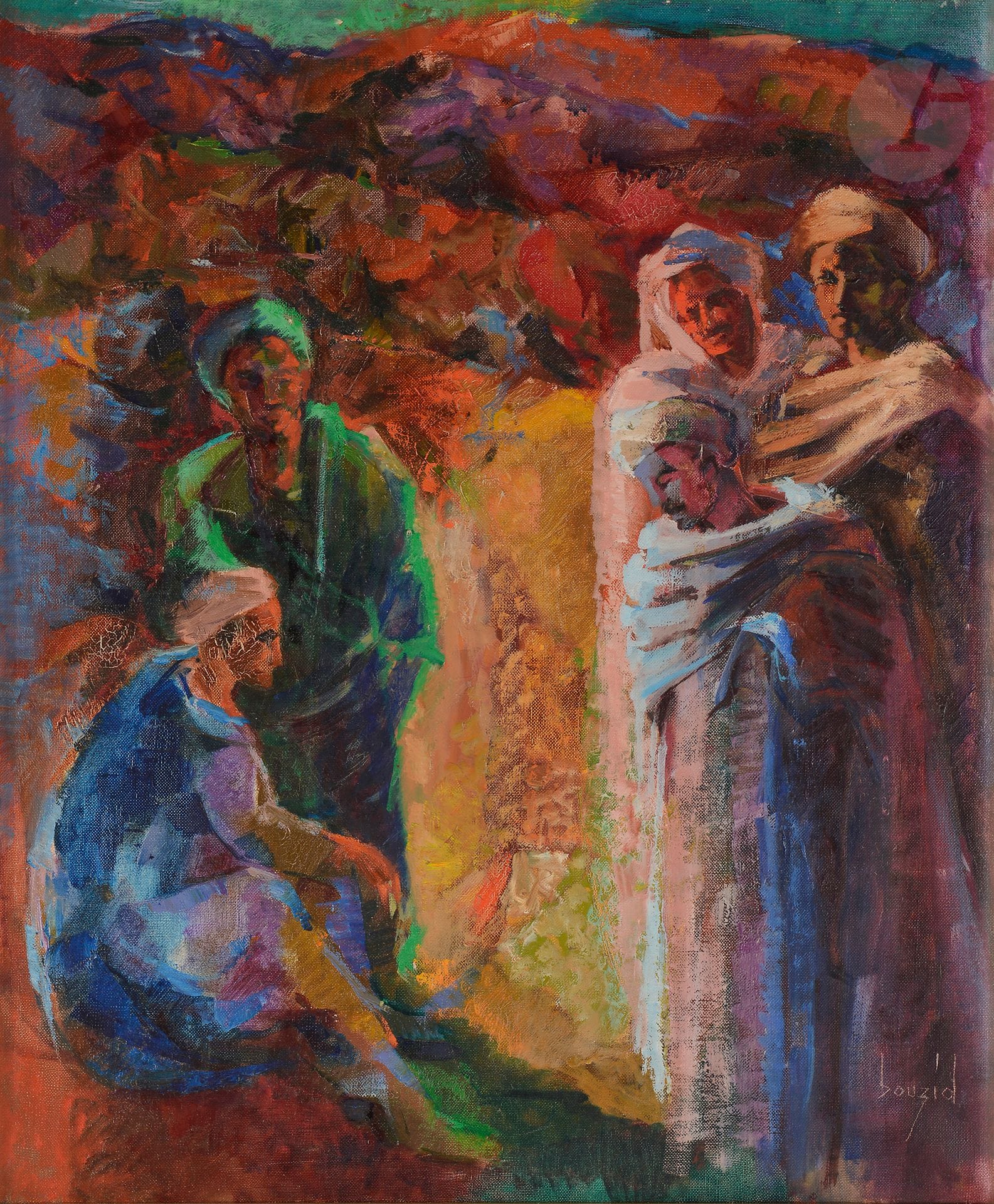 Mohamed BOUZID (né en 1929)
Le Messager
Huile sur toile.
Signée en bas à droite.
Signée et titrée au dos.
61 x 50 cm