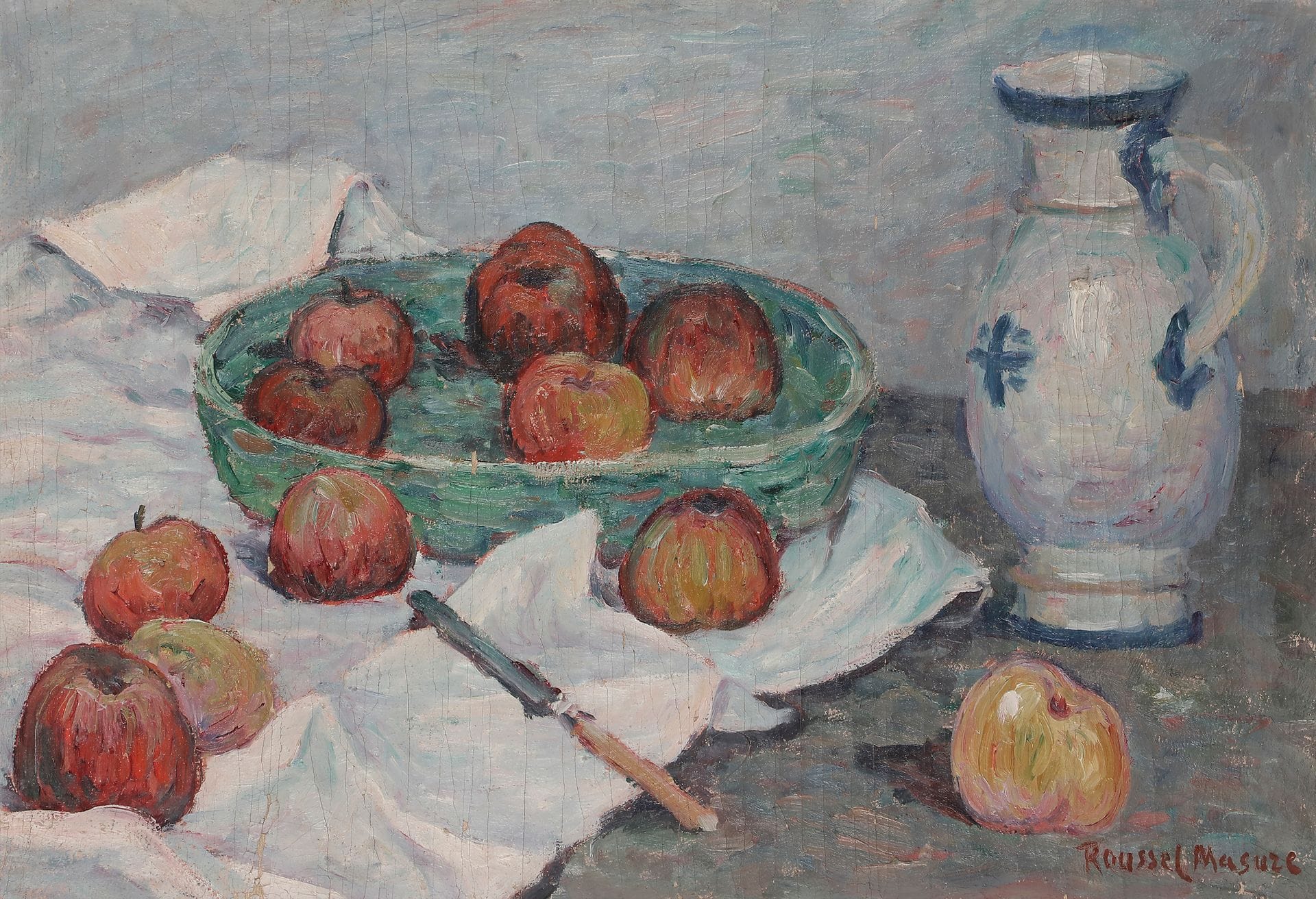 Henri ROUSSEL-MASURE (1863-1919)
Nature morte aux pommes
Huile sur toile.
Signée en bas à droite.
(Craquelures).
38 x 55 cm