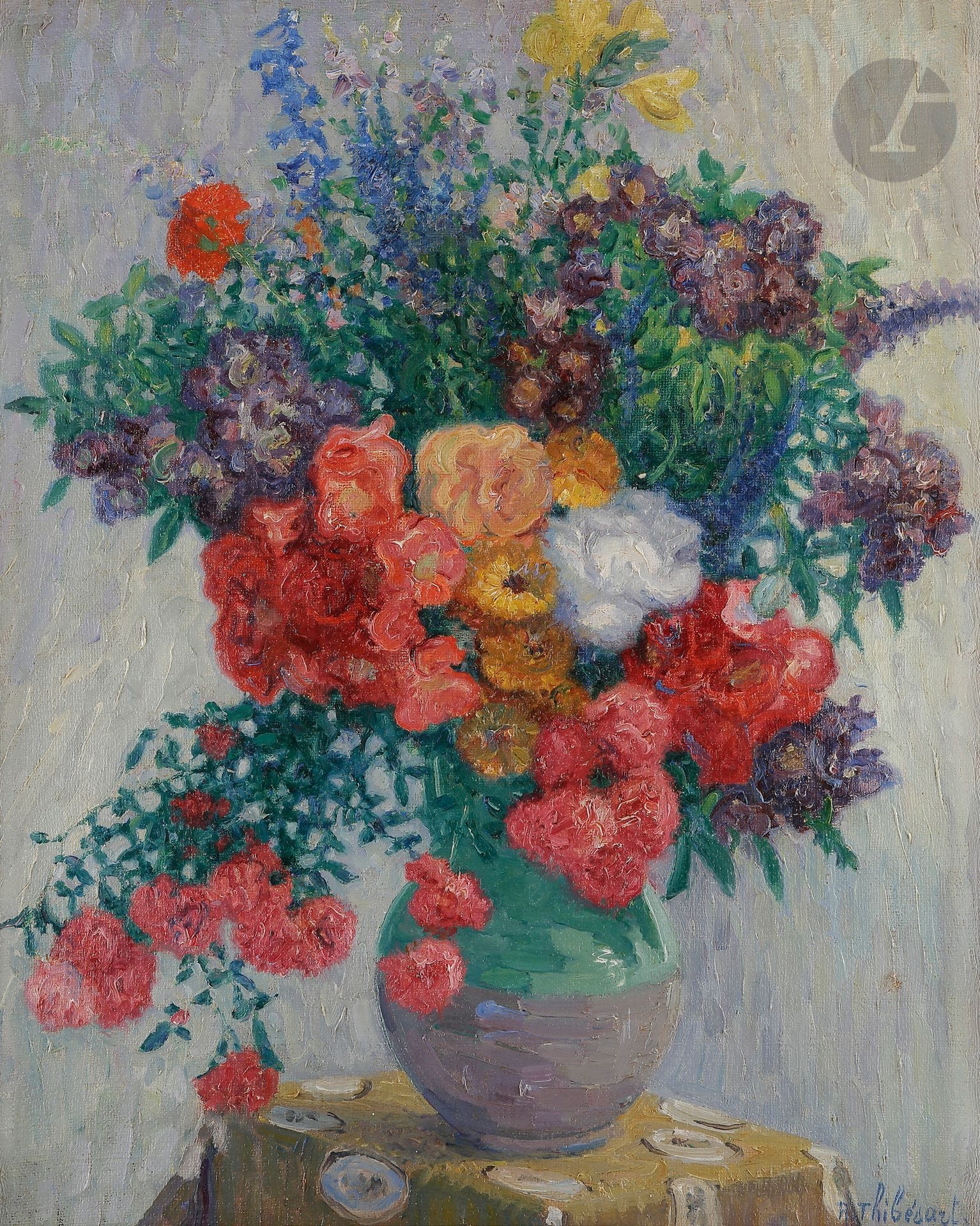 Raymond THIBÉSART (1874-1963)
Bouquet de fleurs, 1921
Huile sur toile.
Signée en bas à droite.
Signée, datée et titrée au dos.
Dans son cadre d'origine sculpté par l'artiste.
73 x 60 cm

Provenance : 
Famille de l'artiste.
