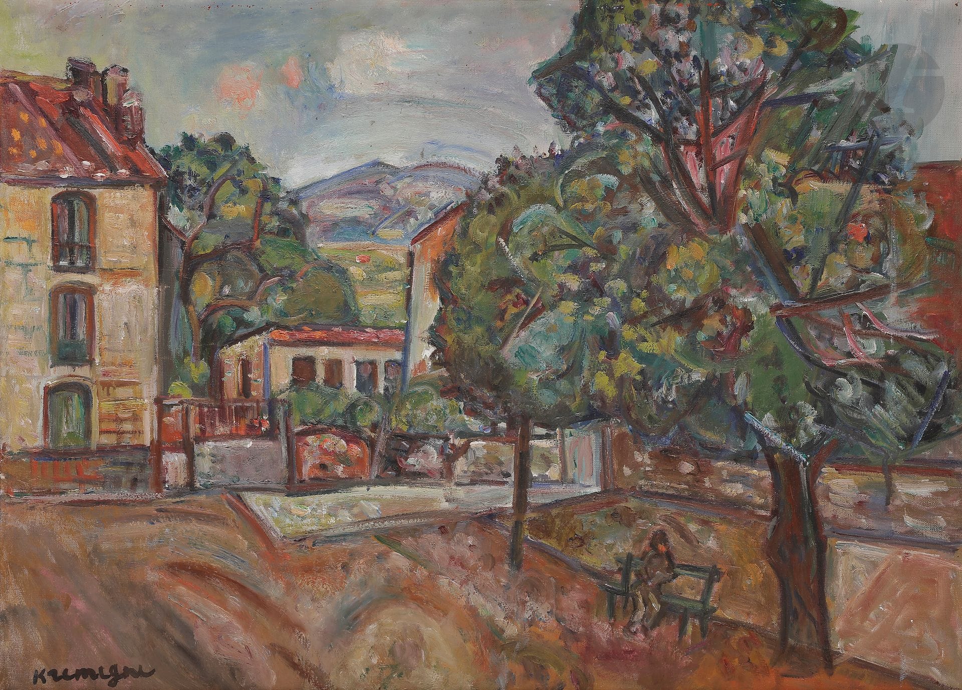Pinchus KRÉMÈGNE (1890-1981)
Le Village, homme assis sur le banc
Huile sur toile.
Signée en bas à gauche.
54 x 73 cm