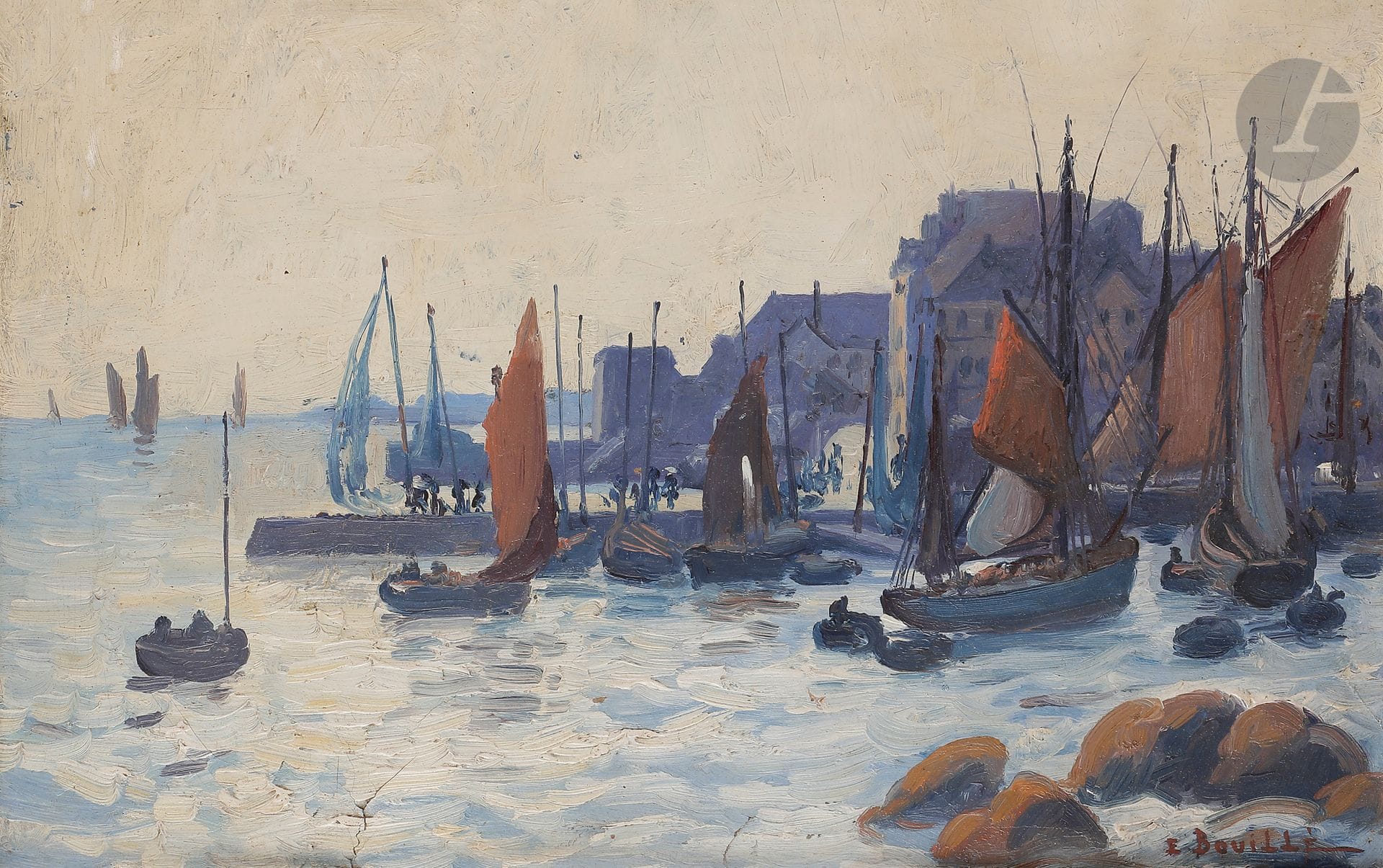 Étienne BOUILLE (1858-1933)
Port breton
Huile sur carton.
Signée en bas à droite.
(Accidents au carton).
26 x 40 cm