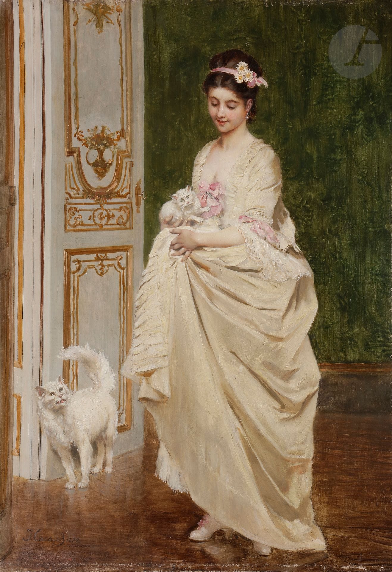 Joseph CARAUD (1821-1905)
Élégante aux chats, 1879
Huile sur toile.
Signée et datée en bas à gauche.
55 x 38 cm