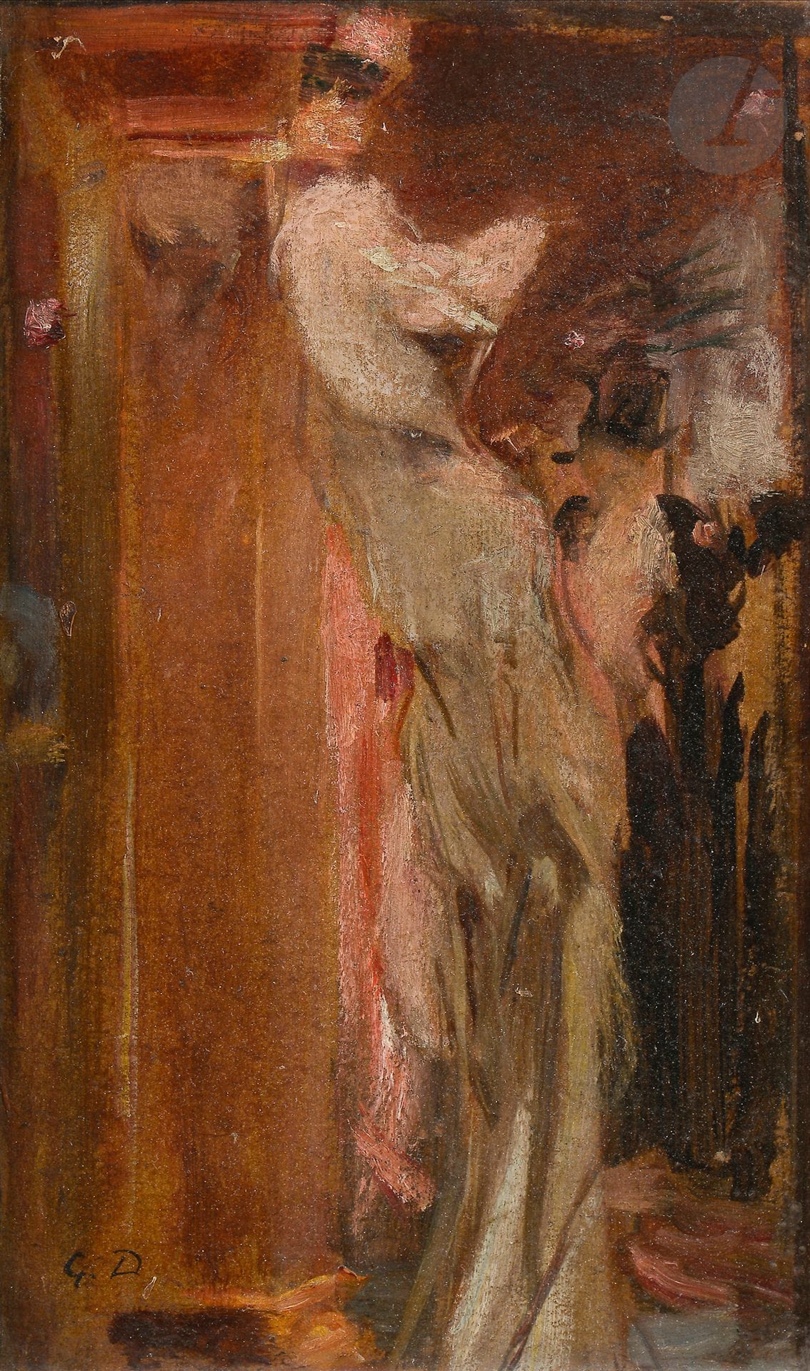 George DESVALLIERES (1861-1950)
Londres, couple d'élégants
Huile sur carton.
Monogrammée en bas à gauche.
29,5 x 18 cm

Œuvre en rapport : 
Catherine Ambroselli de Bayser, avec la collaboration de Thomas Lequeu et Priscilla Hornus, George Desvallières, Catalogue Raisonné de l'œuvre complet, Paris, Somogy, 2015, Tome II, p. 194 sous le n° CR 916.
 Nous remercions Madame Catherine Ambroselli de Bayser pour les informations qu'elle nous a transmises.