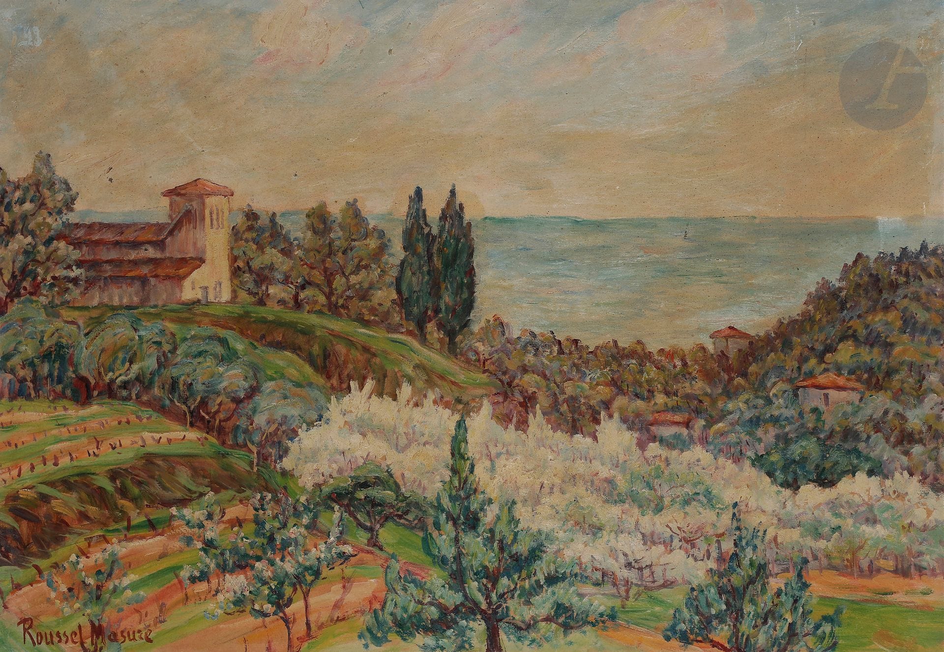 Henri ROUSSEL-MASURE (1863-1919)
Église en bord de mer
Huile sur toile.
Signée en bas à gauche.
38 x 55 cm