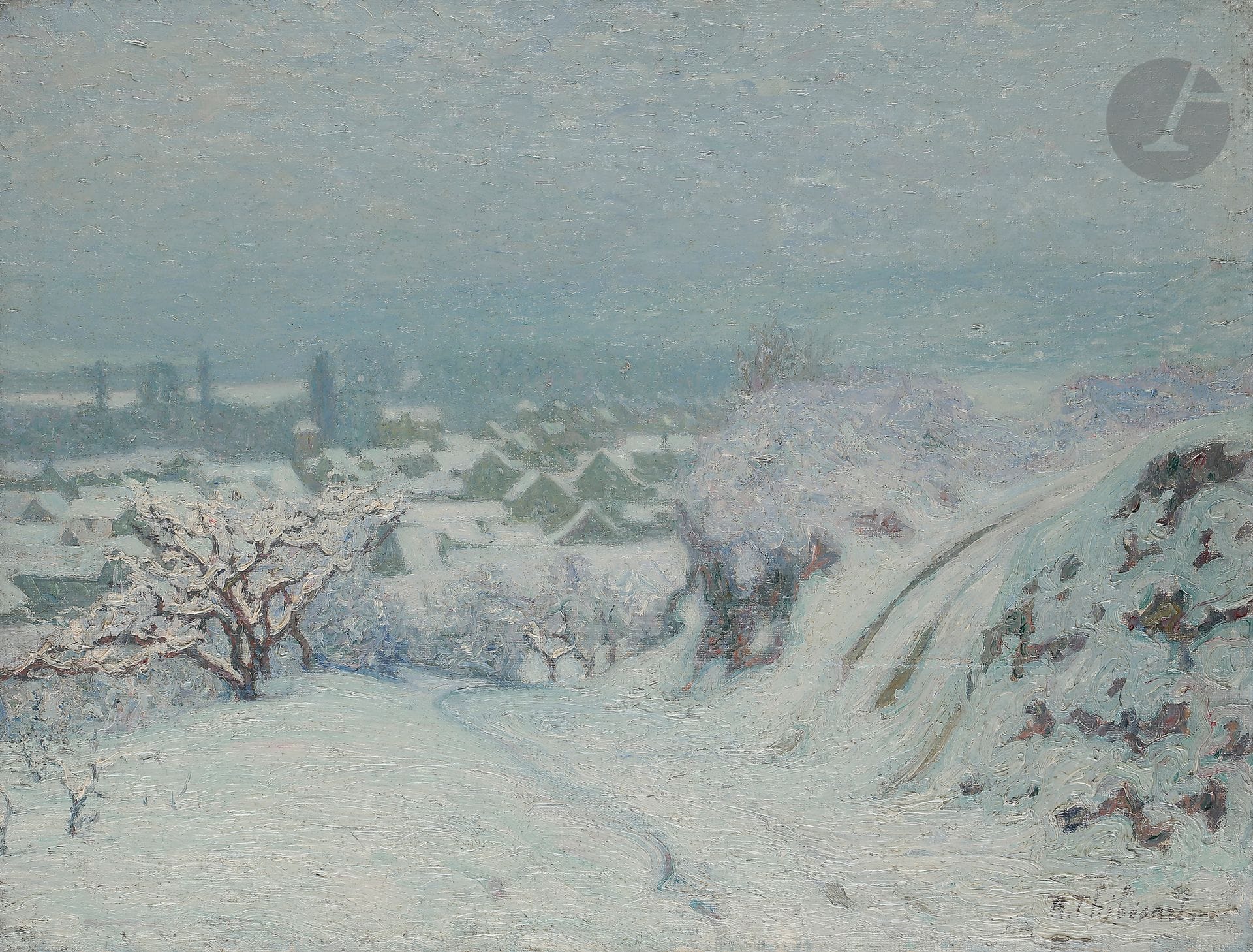 Raymond THIBÉSART (1874-1963)
Vaux-sur-Seine sous la neige
Huile sur toile.
Signée en bas à droite.
Située au dos sur le châssis.
50 x 65 cm

Provenance : 
Famille de l'artiste
