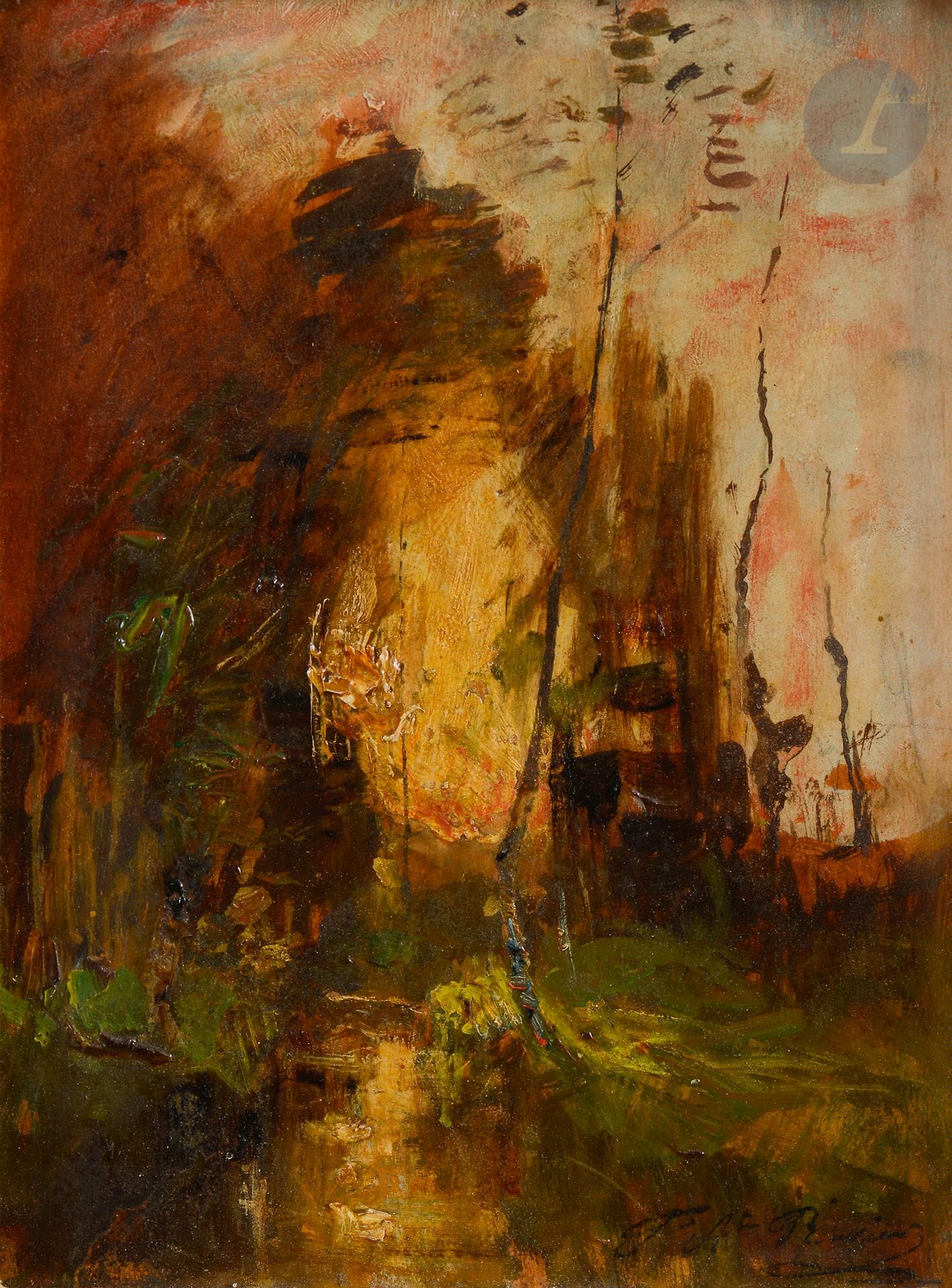 François-Auguste RAVIER (1814-1895)
Paysage
Huile sur papier contrecollé sur toile.
Signée en bas à droite.
26 x 20 cm