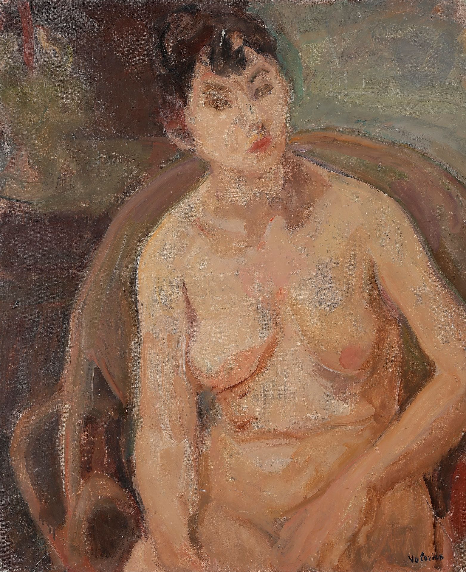Lazare VOLOVICK (1902-1977)
Nu au fauteuil
Huile sur toile.
Signée en bas à droite.
(Petits manques).
73 x 60 cm