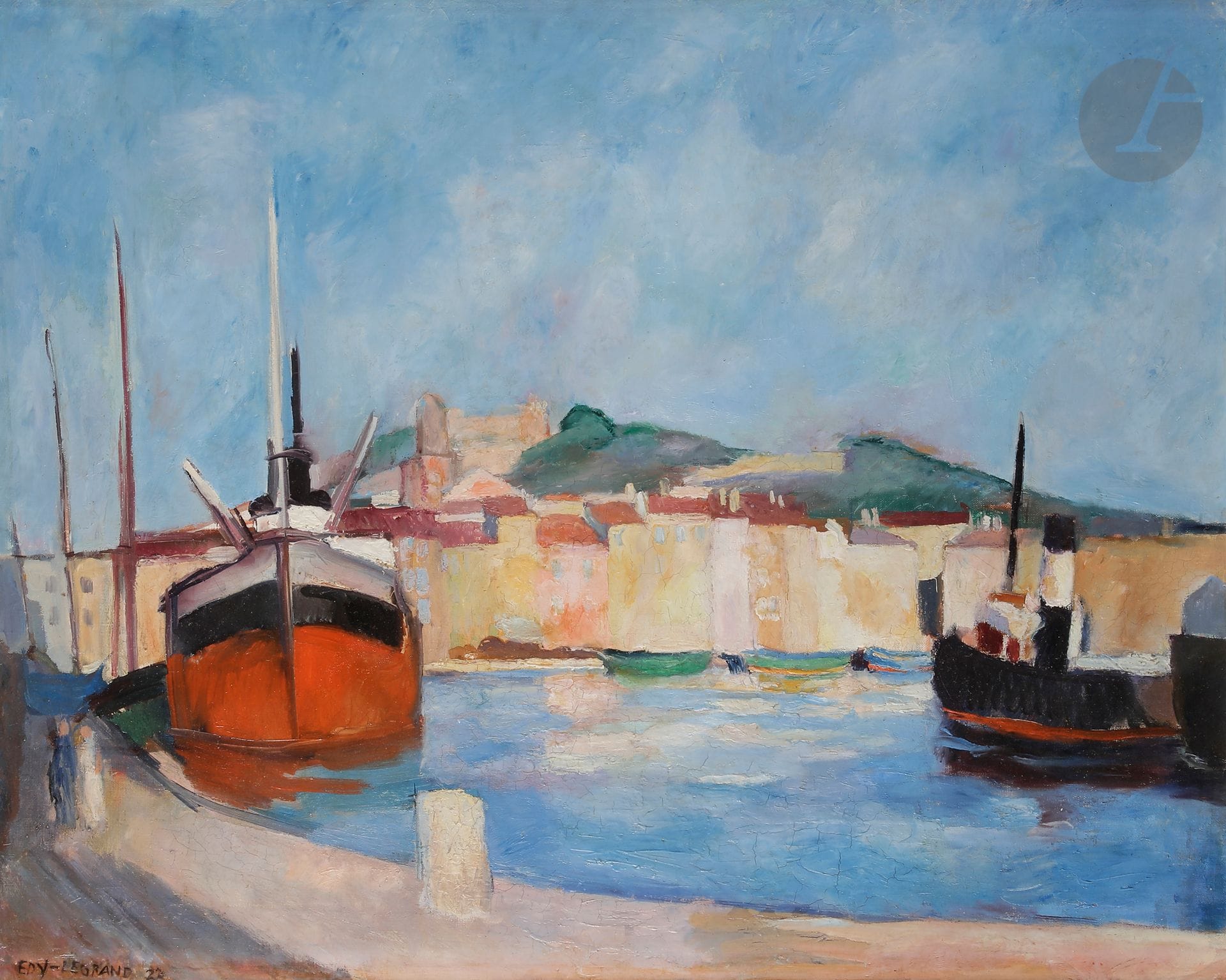 Edy LEGRAND (1892-1970)
Port méditerranéen, 1923
Huile sur toile.
Signée et datée en bas à gauche.
(Petites craquelures et restaurations).
81 x 65 cm