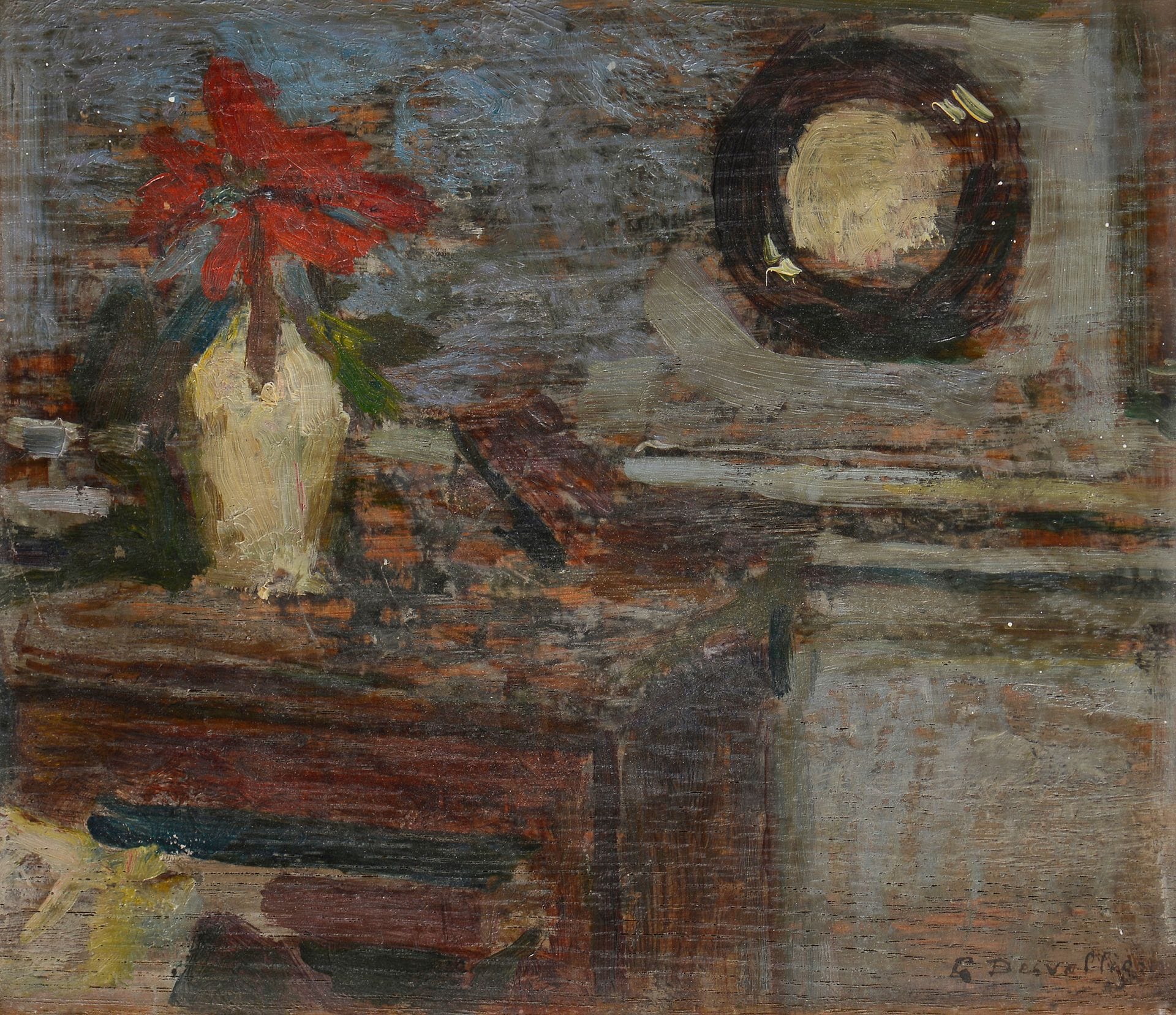 George DESVALLIERES (1861-1950)
Intérieur au miroir
Huile sur panneau.
Signée en bas à droite.
20 x 23 cm

L'artiste place ce médaillon sur ces natures mortes à plusieurs reprises en 1910 et 1911 (voir : Catherine Ambroselli de Bayser, avec la collaboration de Thomas Lequeu et Priscilla Hornus, George Desvallières, Catalogue Raisonné de l'œuvre complet, Paris, Somogy, 2015, Tome II, p .314, 316-317 et 331-333, CR 1323, CR 1334, en 1910 et CR 1386, en 1911.
 Nous remercions Madame Catherine Ambroselli de Bayser pour les informations qu'elle nous a transmises.