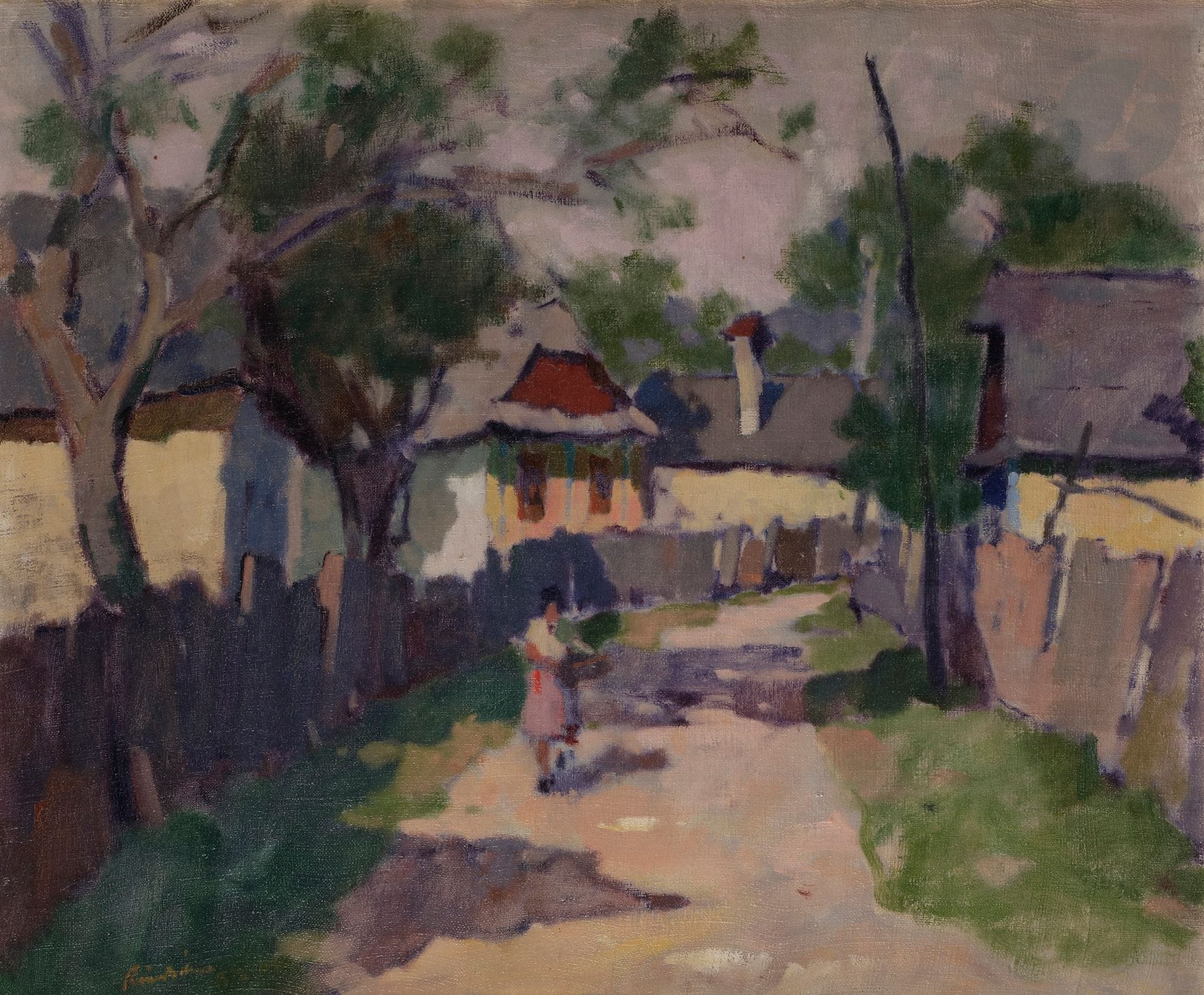 Géza RONAI (1886-1944)
Femme au panier marchant dans une rue de village aux palissades
Huile sur toile.
Signée en bas à gauche.
50 x 60 cm

Provenance : 
Pierre Fauget, diplomate en poste à Cluj en 1931.