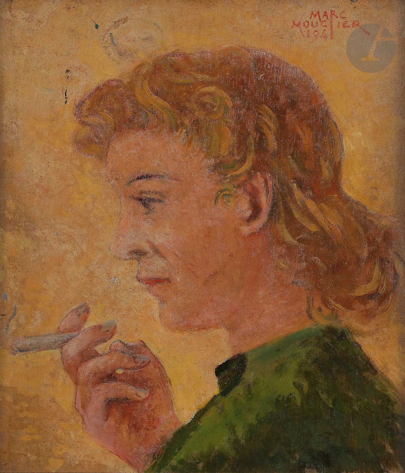 Marc MOUCLIER (1866-1948)
La Fumeuse, 1941
Huile sur panneau.
Signée et datée en haut à droite.
26,5 x 22 cm