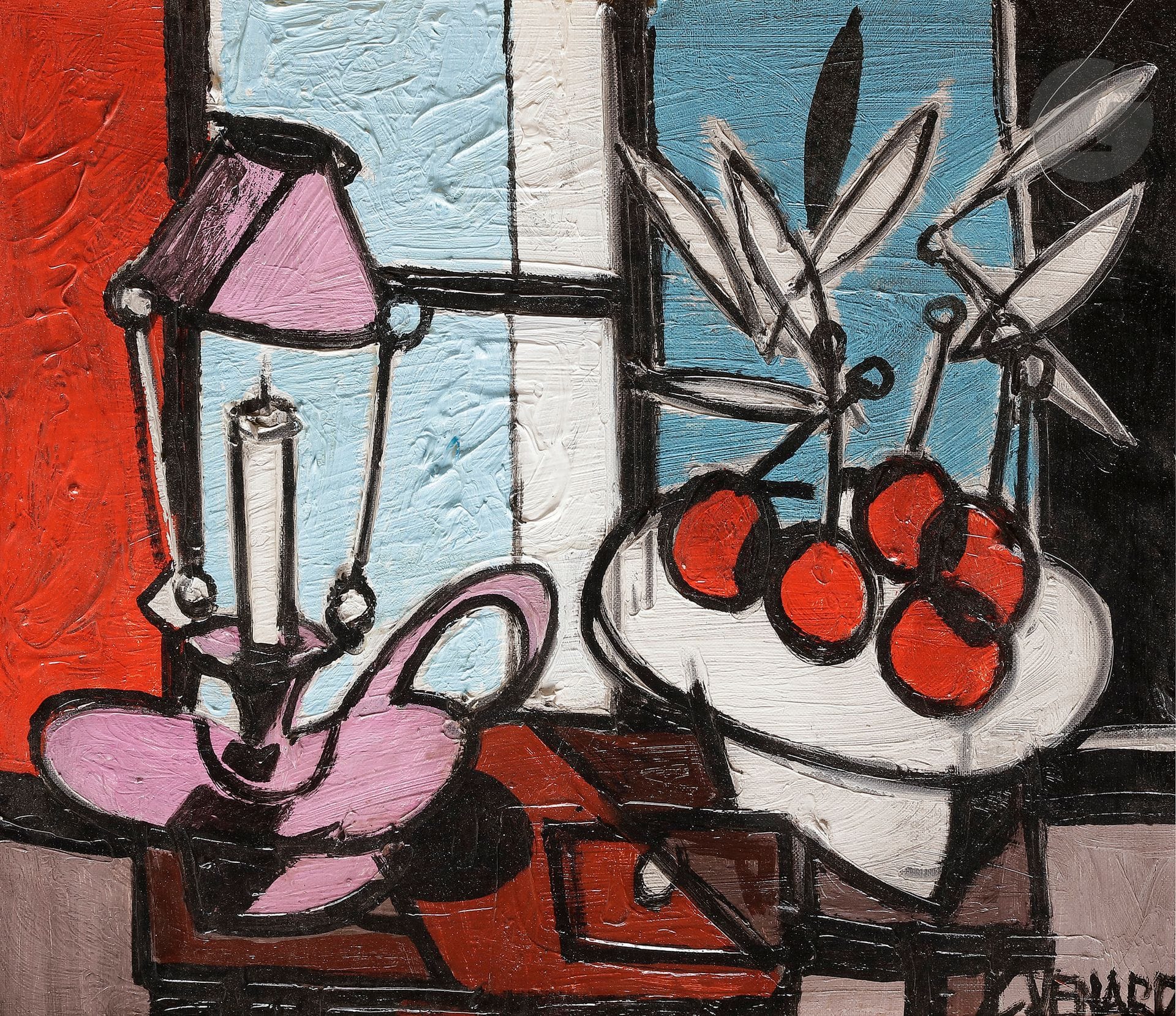 Claude VENARD (1913-1999)
Les Cerises
Huile sur toile.
Signée en bas à droite.
Titrée au dos. 
46 x 38 cm