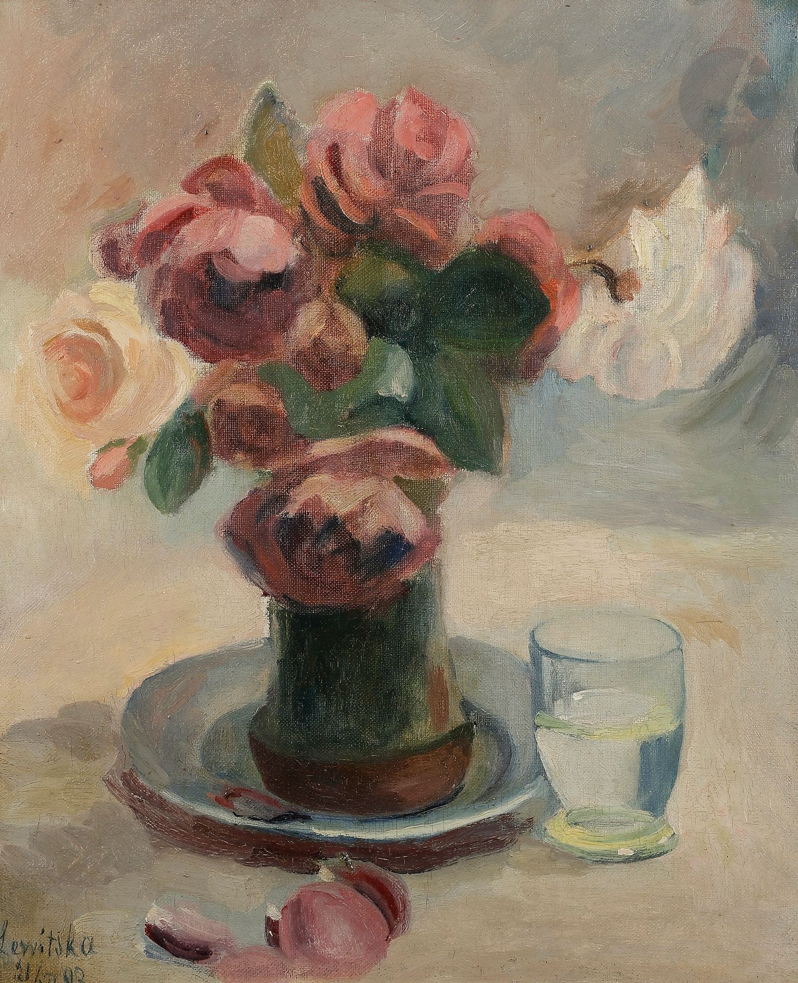 Sonia LEWITSKA (1882-1937)
Vase de roses et verre
Huile sur toile.
Signée et datée (1923?) en bas à gauche.
46 x 38 cm