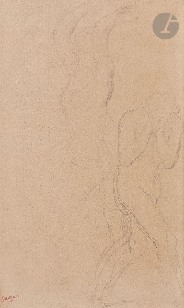 Edgar DEGAS (1834 -1917
)Two full-length studies of women on the same
sheetBlack
pencil
on buff paper.
Stamp of the sale of the studio in the lower left corner (Lugt 658).
Old label on the reverse "this drawing was part of the lot of drawings sold at the first Degas sale/n° 62 of the catalogue on which appears the following mention 62. Young Spartans/b. Sketches or studies for the above painting" (see catalogue of the first sale of the studio, 1918, p.36, n° 62b.).
31.7 x 19 cmProvenance

: 
- First Degas sale, Paris, Galerie Georges Petit, 6-7-8 May 1918, part of no. 6b


.

 

- Collection of Mr and Mrs Z., Alpes-Maritimes. 
The woman on the right is preparatory for a figure in the background of The Daughter of Jephthah, dated between 1861 and 1865, and kept in Northampton, Smith College Museum of Art, Inv. 1933.9. The figure on the left is preparatory to a figure on the right of the painting, whose arms can be seen raised. On his return from Italy in 1859, Degas set about painting his largest and probably most ambitious historical composition: "The Daughter of Jephthah". In the time of the Judges, a valiant warrior named Jephthah was called to command the Israelites in the war against the Ammonites. On the eve of the battle, he pledged to God, in exchange for victory, to sacrifice "whosoever shall come forth out of the gates of my house before me, when I return. When the battle was won, "behold, his daughter came out to meet him with tambourines and dances; she was but a child. The scene represents the return of Jephthah, a warrior tearing his clothes as his daughter approaches to welcome him.









