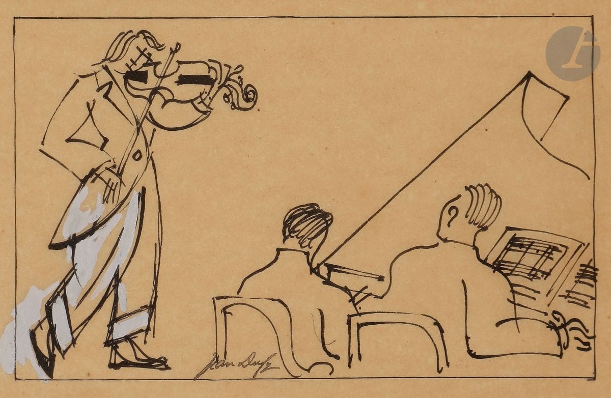 Jean DUFY (1888-1964)
Les Musiciens
Encre et rehauts de gouache sur calque.
Timbrée.
(Petit pli dans un angle).
12,5 x 18 cm