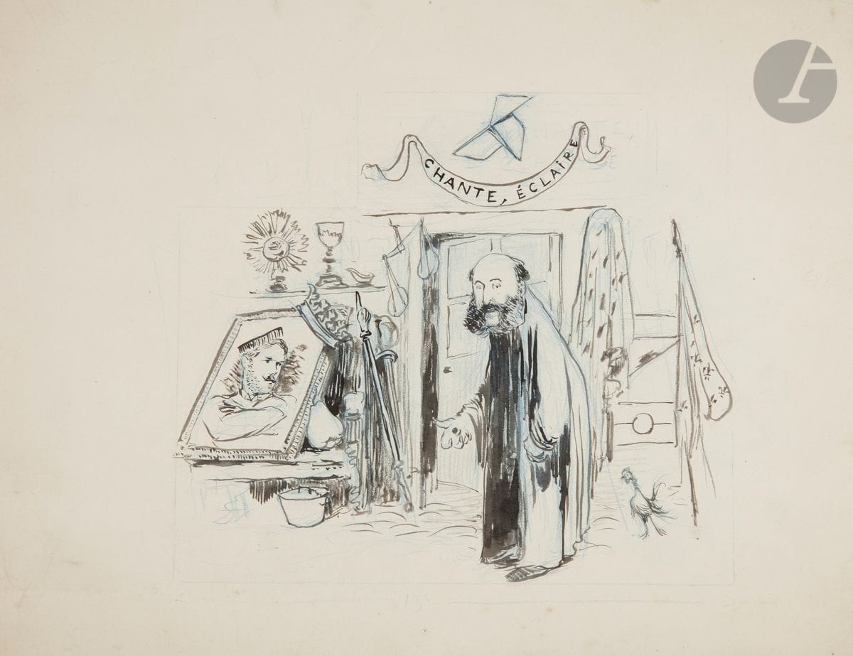 Jean VEBER (1864-1928
)The BrocanteursInks
and blue pencil.
Unsigned.
24 x 31 cmThis

drawing appeared in "Gil Blas" on September 24, 1894 and was included in the collection "La Joviale Comédie" in 1896

.



