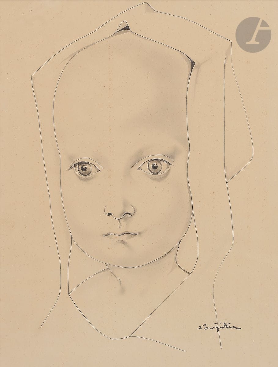 Léonard Tsuguharu FOUJITA (1886-1968)
Portrait de jeune fille, vers 1950
Encre et lavis d'encre.
Signée en bas à droite.
(Petites rousseurs).
34 x 25,5 cm

Nous remercions Madame Sylvie Buisson d'avoir confirmé l'authenticité de cette œuvre.
Un certificat pourra être remis à la charge de l'acquéreur.