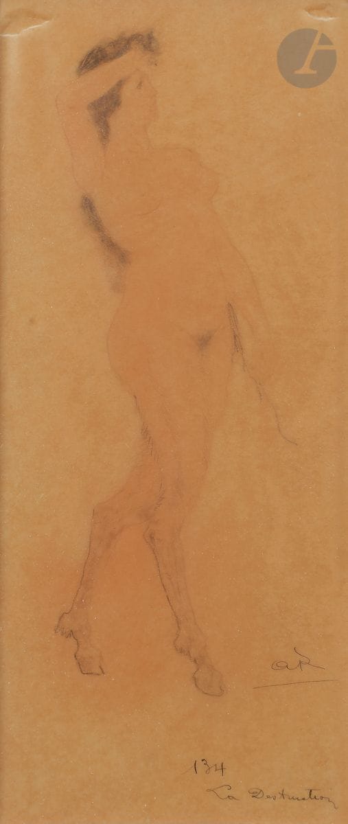 Armand RASSENFOSSE (1862-1934)
La Destruction, 1898
Crayon noir et aquarelle sur calque.
Signé, titré et numéroté " 134 " en bas à droite.
(Petits accidents).
20 x 8 cm

Dessin pour Les Fleurs du mal de Charles Baudelaire, Paris, les Cent bibliophiles 1899, p. 357.