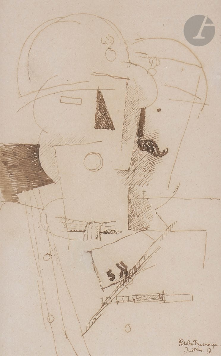 Roger de LA FRESNAYE (1885-1925)
Les Poilus, 1917
Encre et lavis d'encre.
Signée et datée en bas à droite.
(Petite restauration).
19,5 x 12 cm

Provenance : 
Collection R. Hein Seligman. 

Expositions : 
- Roger de La Fresnaye, 1885-1925 : cubisme et tradition, Musée de Tessé, Le Mans, 4 novembre 2005 - 5 février 2006.
- Roger de La Fresnaye, 1885-1925 : cubisme et tradition, Musée Picasso, Barcelone, 1er mars - 5 juin 2006 (étiquette au dos).
