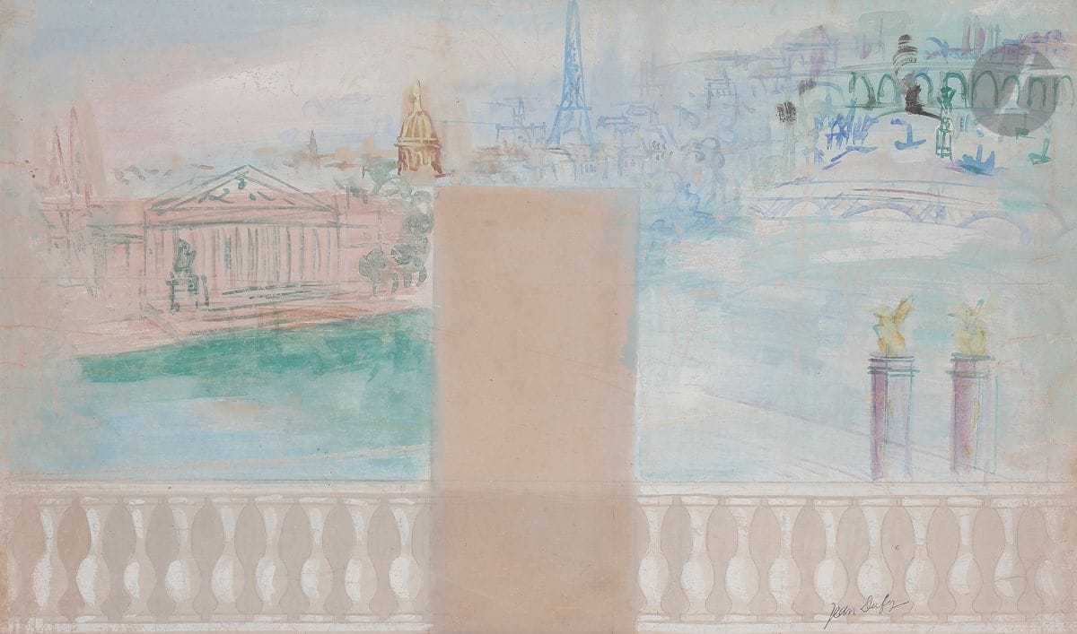 Jean DUFY (1888-1964)
Vue de Paris
Aquarelle gouachée.
Timbrée en bas à droite.
43 x 72 cm

Un certificat de Monsieur Jacques Bailly en date du 23 juin 2016 sera remis à l'acquéreur.