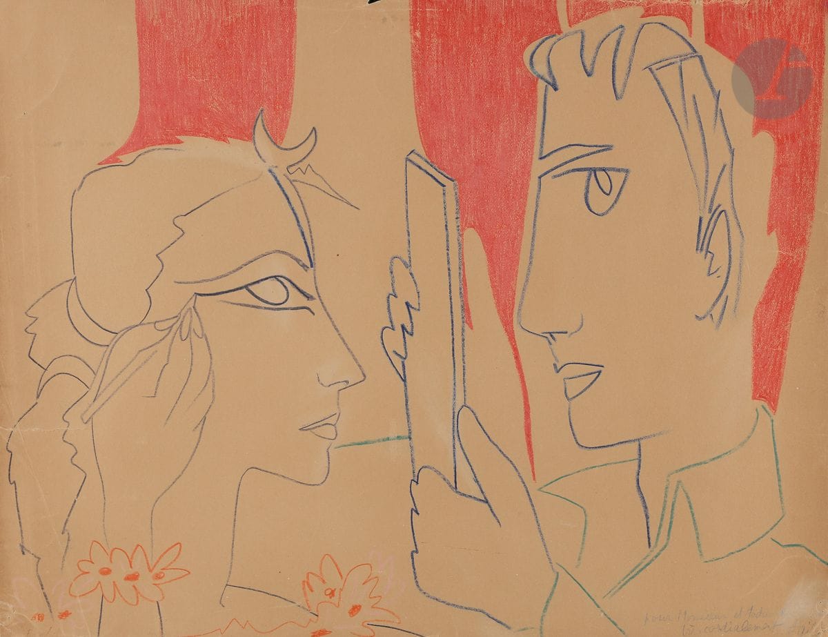 Françoise GILOT (née en 1921)
Le Couple, 1954
Crayon gras.
Signé et dédicacé en bas à droite (signature légèrement effacée).
(Insolation et petites restaurations du papier en marge).
50 x 65 cm

Provenance :
Galerie Louise Leiris (étiquette au dos).