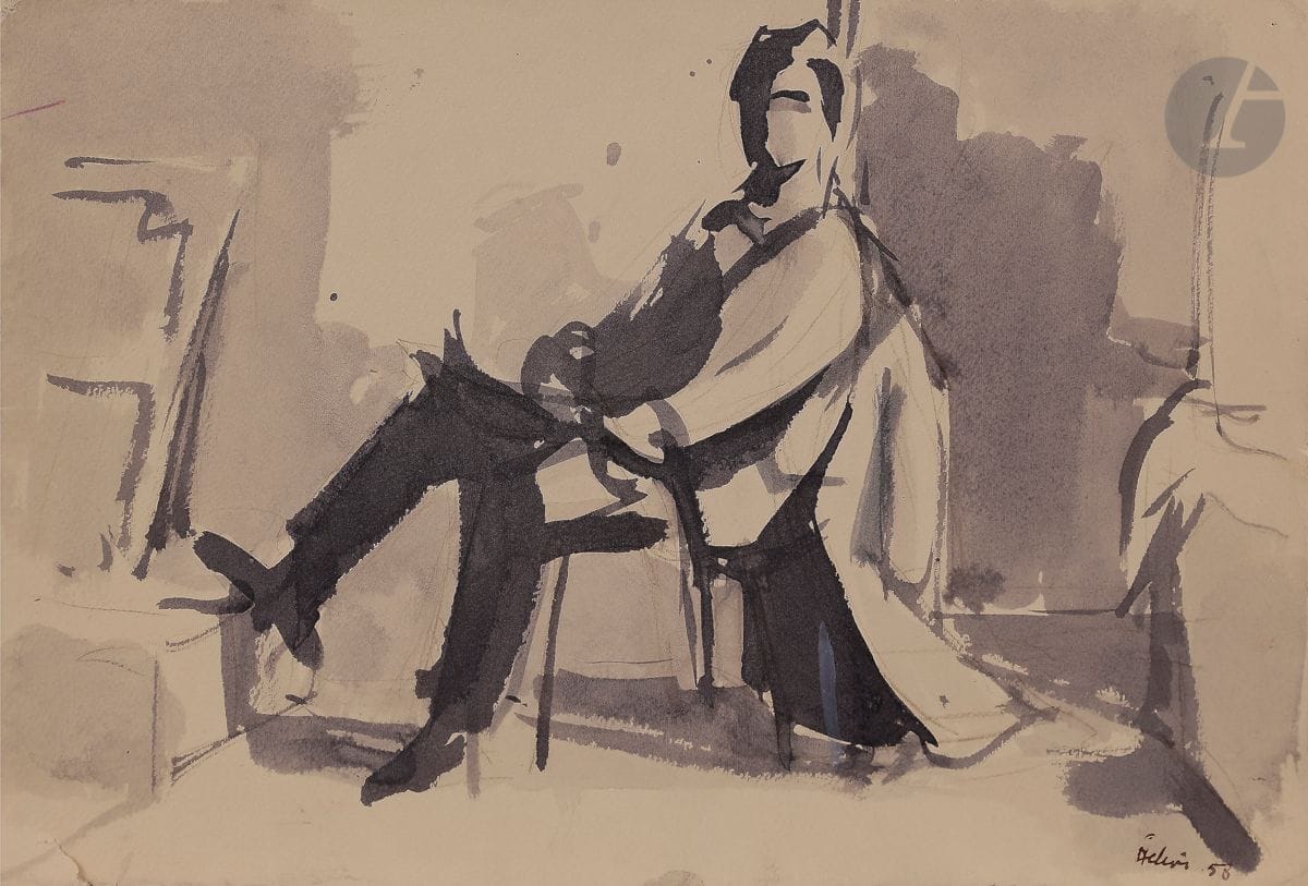 Jean HÉLION (1904-1987
)Study of a seated man,
1958Ink
wash.

Signed and dated lower right.
25 x 36,5 cm



