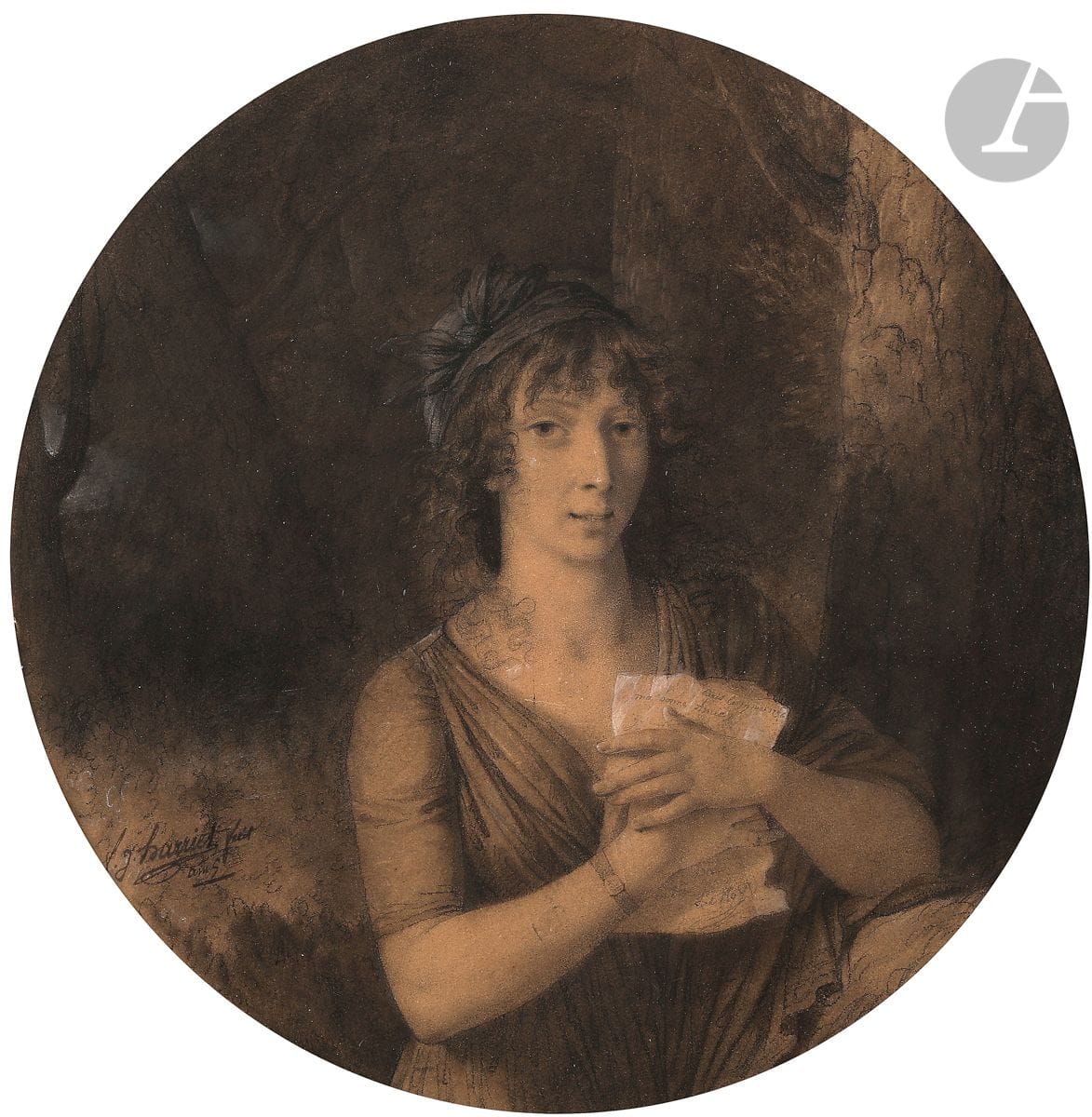 Fulchran Jean HARRIET (1778-1805)
Portrait de femme tenant une lettre
Pierre noire, estompe et rehauts de craie blanche sur papier beige.
Signée et située en bas à gauche " Paris ".
Annotations sur la lettre " À ma bonne amie/Paris le 17 mai 1796/Le Moy ? ".
(Légèrement insolé).
Diamètre : 33 cm