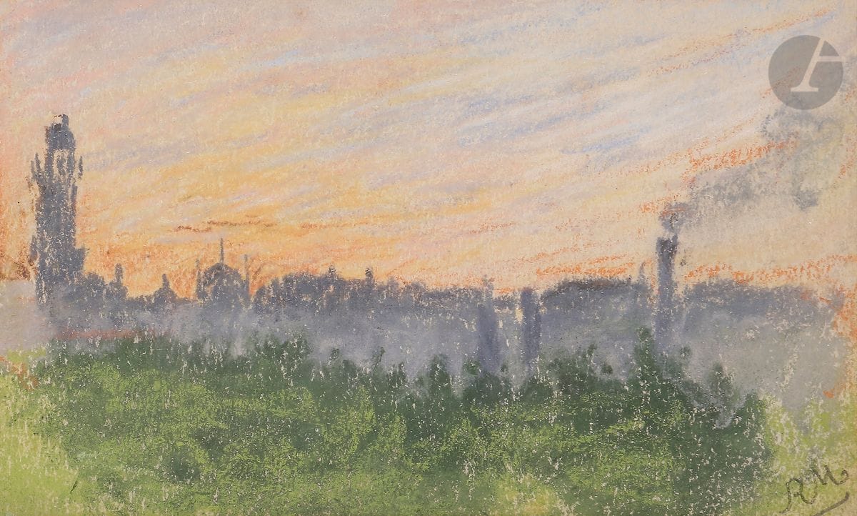 Robert de MONTESQUIOU (1855-1921)
Crépuscule sur la ville
Crayon gras.
Monogrammé en bas à droite.
7,5 x 12,5 cm

Exposition : 
Robert de Montesquiou, Paris, Galerie Georges Petit, février 1923 (étiquette au dos sur le montage).
