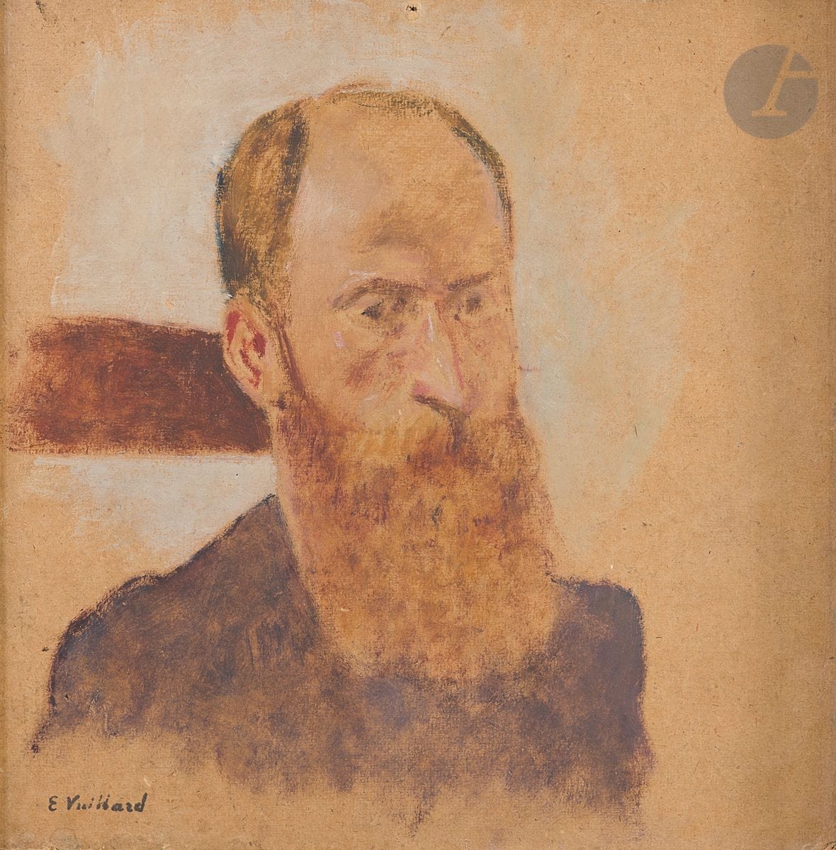 Édouard VUILLARD (1868-1940)
Autoportrait à Villeneuve-sur-Yonne, 1897-1899
Huile sur carton.
Timbré en bas à gauche (Lugt 909a).
(Petit trou en tête).
27 x 29 cm

Exposition : 
Face à face, l'Autoportrait de Cézanne à Bonnard, Le Musée Bonnard, Le Cannet, 26 juin - 3 octobre 2021, reproduit au catalogue p. 180. 

" L'autoportrait à Villeneuve-sur-Yonne, jamais montré jusqu'à présent et que nous datons de 1897-1899, apparaît comme une incise réaliste à la fin de l'expérience nabie. La plupart des œuvres de l'époque reste schématique et garde cette esthétique aux lignes simplifiées qui déborde encore sur les premières années du siècle suivant. Mais une tendance au naturalisme, à l'objectivité parfaite, de lui à la fin de la décennie ne fait pas mystère du désarroi qui l'assaille, comme en témoigne sa correspondance avec Vallotton à qui il ose confier sa détresse. " Tout va mal. Je travaille avec acharnement pour me tirer d'affaire le moral, qui va assez mal. [...] Il y a véritablement du noir à conjurer ". Et " les jours de marasme ", que Vuillard évoque encore, ne sont pas uniquement des allusions à ces tracas pécuniaires, mais bien à un désordre sentimental qui ne trouve pas d'issue. Le divorce de Misia d'avec Thadée Natanson, et l'éloignement qui s'en suivit, contribuera paradoxalement à ce que Vuillard retrouve une quiétude et une assise morale dans les premières années du XXe siècle. " Mathias Chivot, in Face à face, l'Autoportrait de Cézanne à Bonnard, Le Musée Bonnard, Le Cannet, Silvana editoriale, 2021, pp. 177-178.