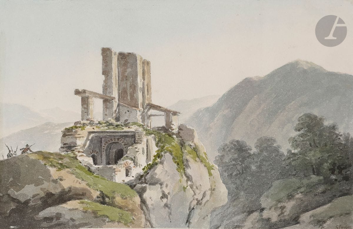 Félix STORELLI (1778-1854)
La Retraite des brigands
Aquarelle sur traits de crayon noir.
Légendée dans la marge.
13 x 17 cm