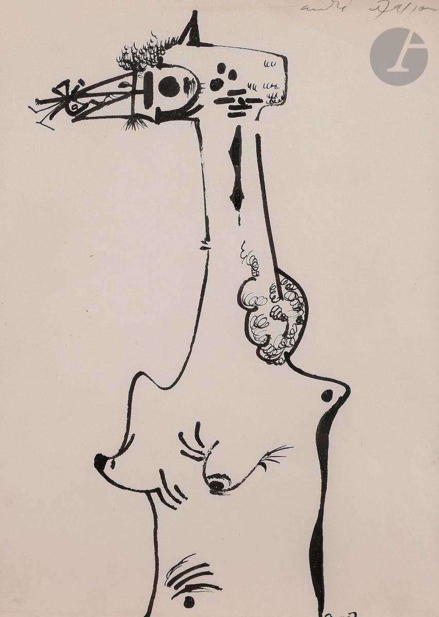 André MASSON (1896-1987
)Woman, circa
1940-50Indian
ink.

Signed upper right.
Monogrammed lower right.
25.5 x 19.5 cmProvenance

: 
- Swann Galleries, Inc. sale, New York, March 3, 2000, n° 391
- Dr Arthur Brandt collection, New York



.

 



Exhibitions : 
- The Omnipotent dream, Turchin Center for the visual arts, Boone, October 1 - December 13, 2003 (label on back),
- A Private eye: Dada, Surrealism, and More from the Brandt collection, Cornell University, Herbert F. Johnson Museum of Art, Ithaca, New York, October 21 - December 24, 2006 (label on back)












