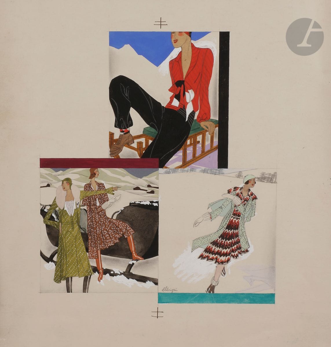 Léon BENIGNI (1892-1948)
Aux sports d'hiver, 1929
Gouache et traits de crayon en trois vignettes.
Signée en pied.
40 x 35 cm