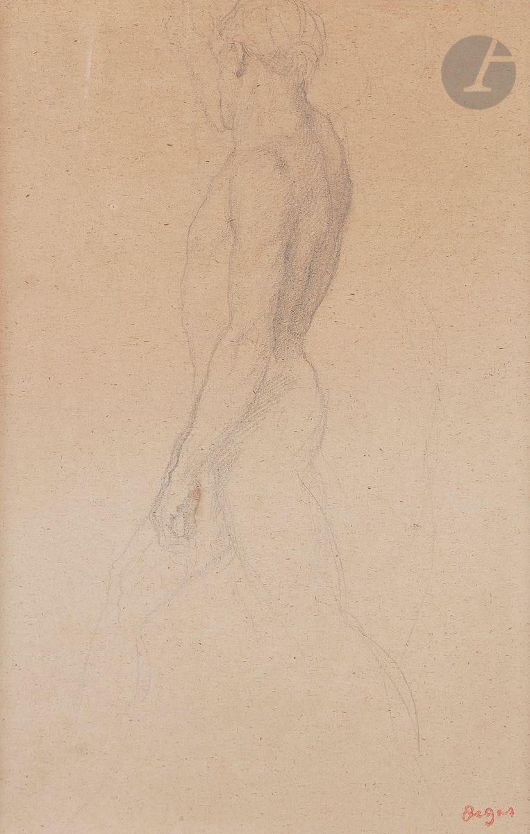 Edgar DEGAS (1834 -1917
)Academy of man with arm
raisedBlack
pencil
on buff paper.
Stamp of the studio sale in the lower right corner (Lugt 658).
30.7 x 19.8 cmProvenance

: 
- First Degas sale, Paris, Galerie Georges Petit, 6-7-8 May 1918, part of n° 6b


.

 

- Collection of Mr and Mrs Z., Alpes-Maritimes.

Our drawing seems to be a first thought for the warrior in the foreground of The Daughter of Jephthah.









