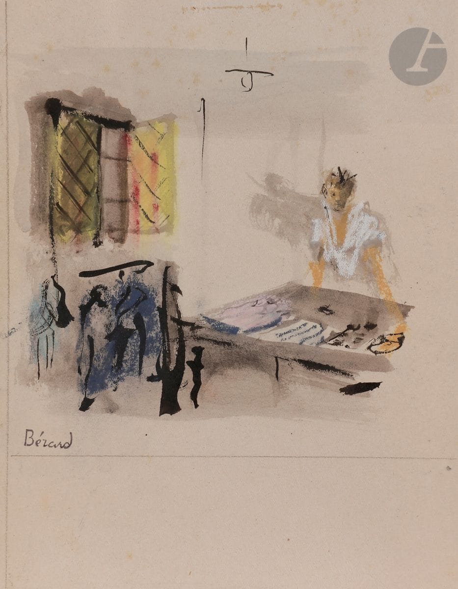 Christian BÉRARD (1902-1949)
Préparatif du départ
Encre, lavis d'encre et gouache.
Timbrée en bas gauche.
19,5 x 15,5 cm

Provenance : 
Galerie Lucie Weill, Paris (étiquette au dos).