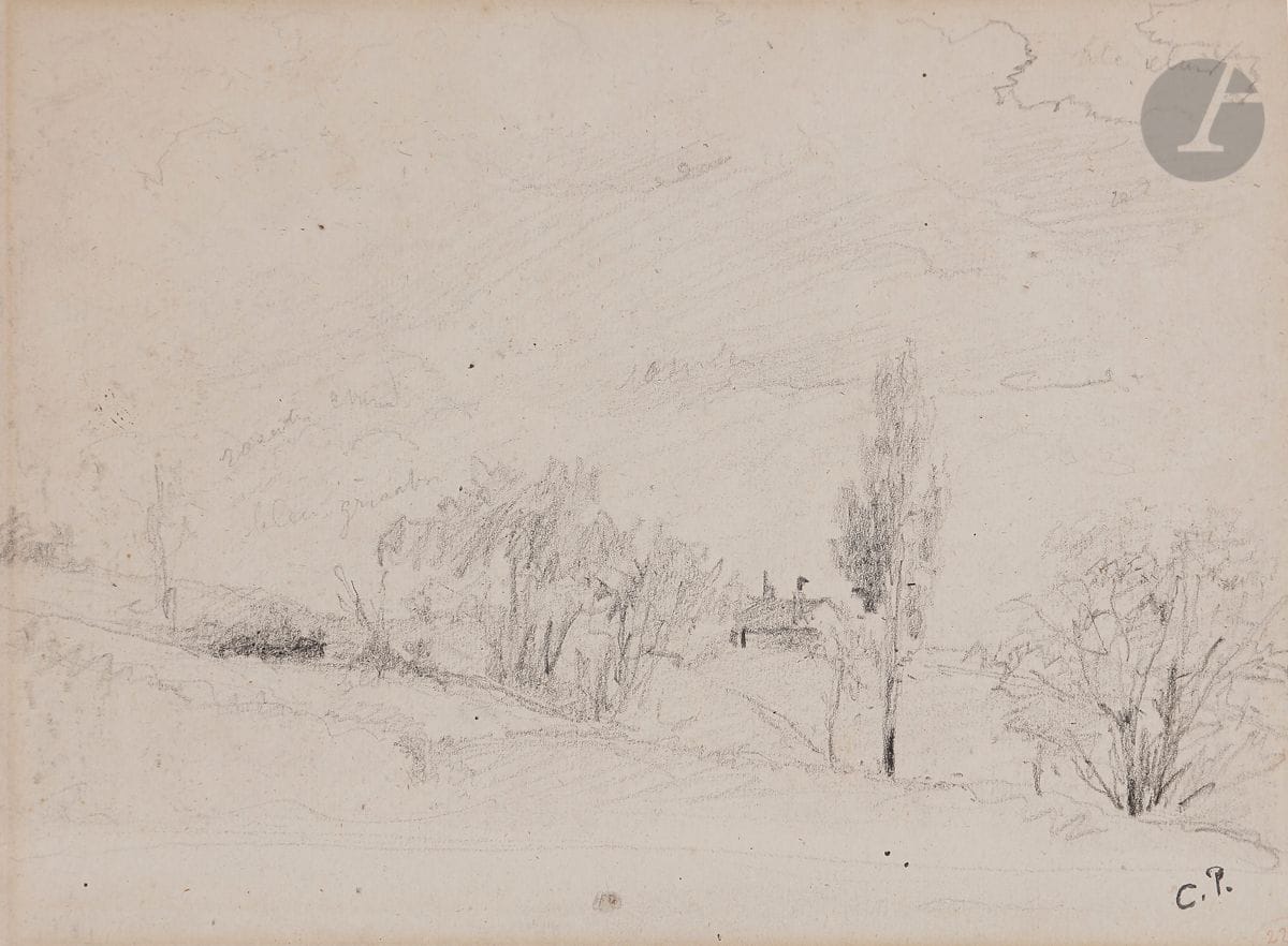 Camille PISSARRO (1830-1903)
Paysage
Crayon noir.
Timbré en bas à droite (Lugt 613e).
Étude de charrette et tête de cheval au dos.
17,5 x 22,5 cm