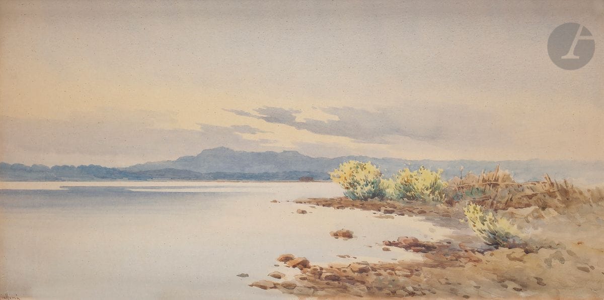 Angelos GIALLINA (1857-1939)
Bord de mer à Corfou (?)
Aquarelle.
Signée en bas à gauche.
38 x 71 cm