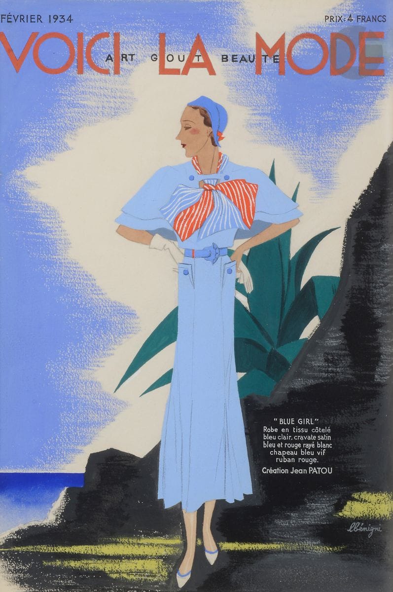 Léon BENIGNI (1892-1948)
Blue girl de Jean Patou, Voici la Mode, Art Goût Beauté, 1934
Gouache.
Signée en bas à droite.
30 x 20 cm

Il s'agit du dessin original de la couverture de Voici la Mode, Art Goût Beauté, février 1934.