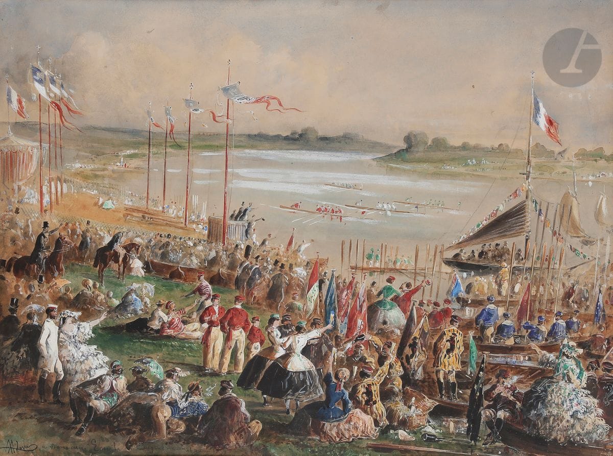 ADAM (active in the 19th century
)La Fête nautique, 1859Watercolour
gouache.
Signed, dated and dedicated to "Emile Duquesne" lower left.
45.5 x 60.5 cm



