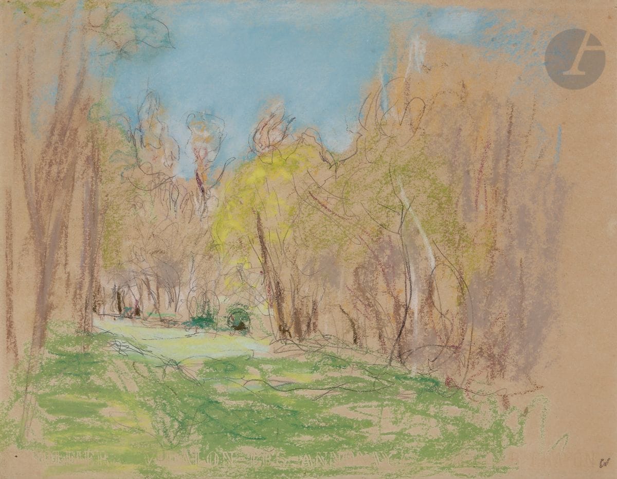 Edouard VUILLARD (1868-1940)
Allée aux Clayes, vers 1932-1938
Pastel.
Monogrammé en bas à droite " EV ".
Au verso des cartes de visites d'Edouard Vuillard avec des annotations autographes.
25 x 32 cm

Provenance : 
Galerie Druet, Paris (étiquette au dos).

Expositions : 
- Musée des Arts décoratifs, Paris, 1938, n° 247.
- Galerie Beaux-Arts, Paris, 1949.

Bibliographie : 
Antoine Salomon, Guy Cogeval, Mathias Chivot, Vuillard le regard innombrable : catalogue critique des peintures et pastels, Milan, Skira, 2003, Volume III, n° XII-374, p. 1619.