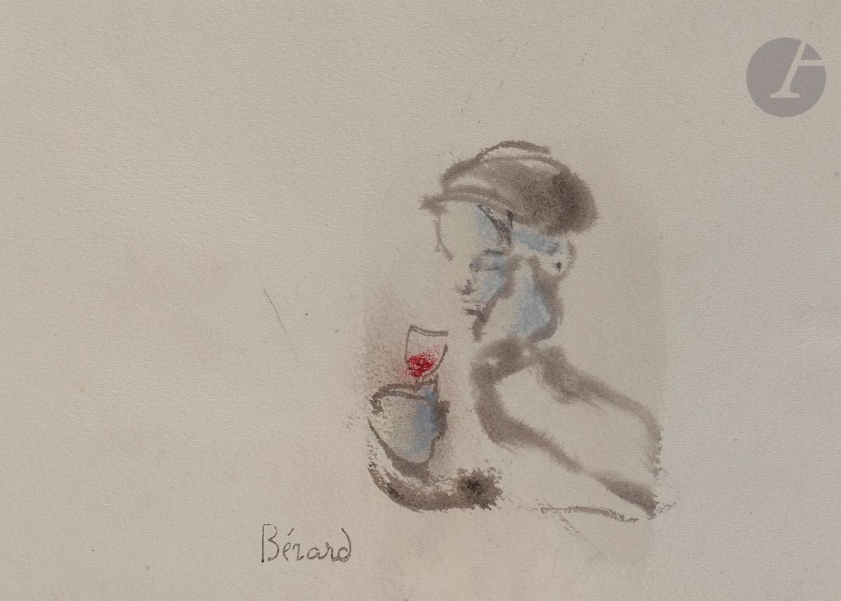 Christian BÉRARD (1902-1949)
Homme accoudé au verre de vin
Lavis d'encre et gouache.
Timbrée en bas à gauche.
(Esquisse au dos).
16 x 22 cm