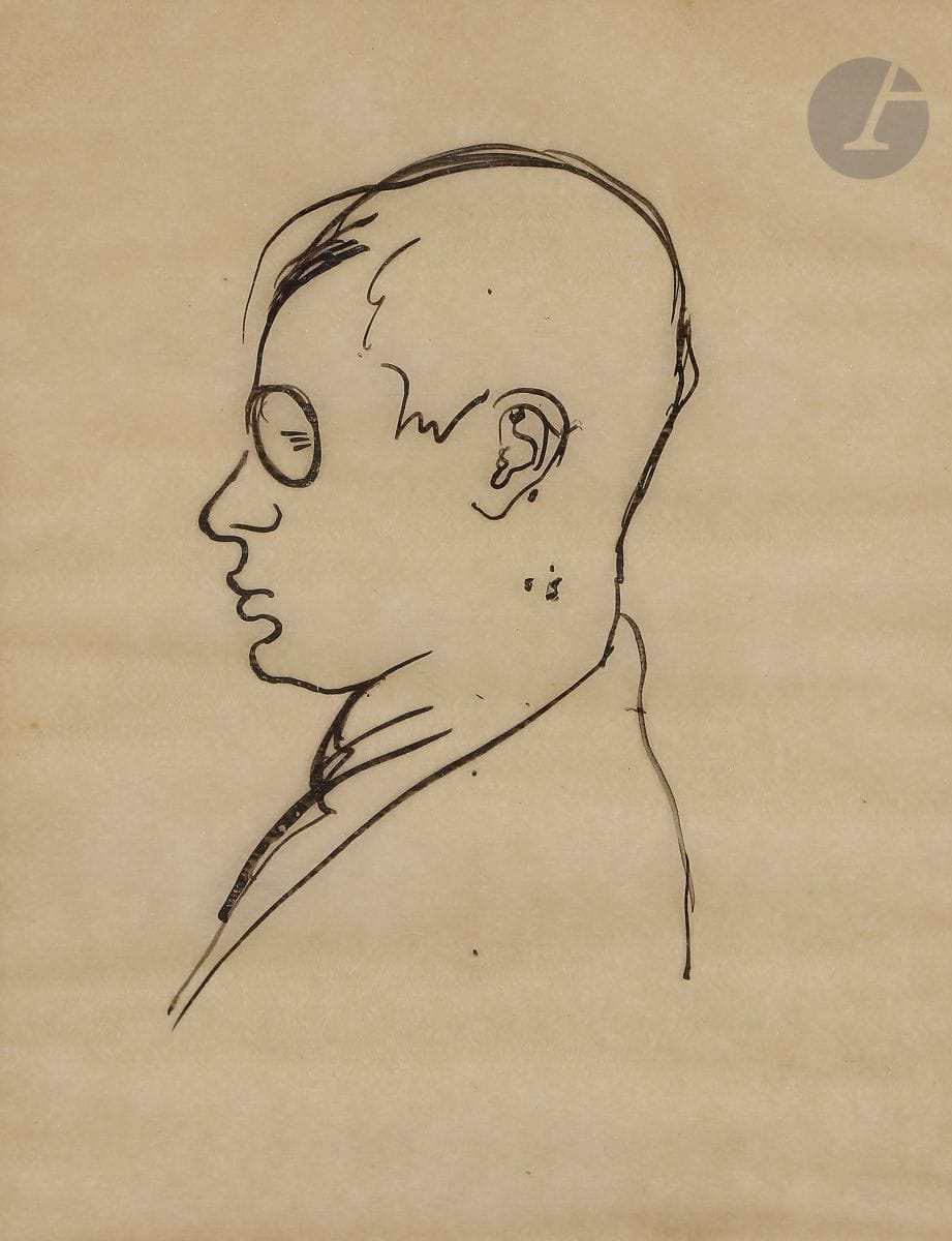 Valentine HUGO (1887-1968)
Portrait de Tristan Tzara, vers 1920
Encre sur papier calque.
19 x 15 cm

Provenance : 
Collection Pierre-Albert Birot.

Exposition : 
Galerie Michèle Heyraud, avril - juin 1992.