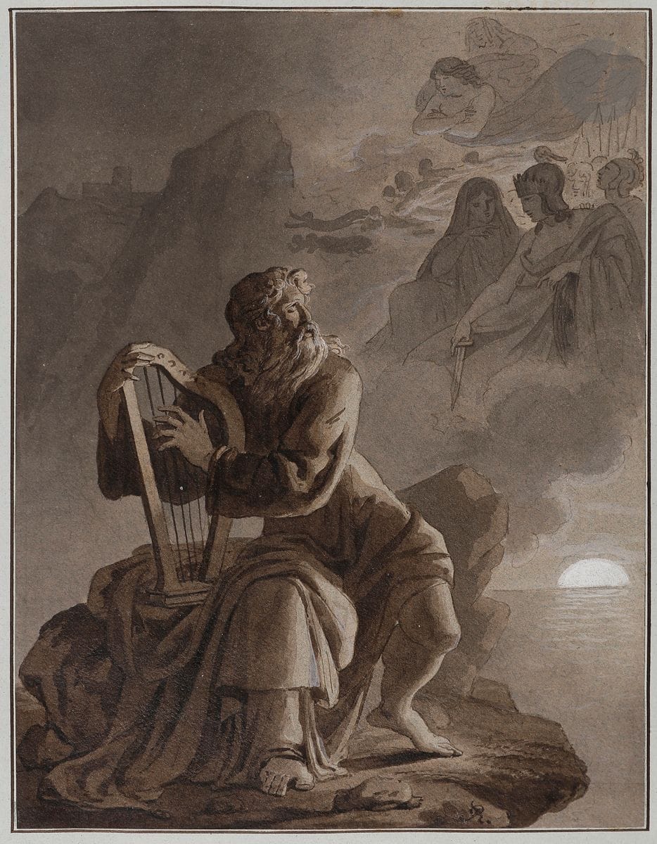 Pierre REVOIL (1776-1842)
Le Songe d'Ossian
Plume et encre noire, lavis brun et gris et rehauts de gouache blanche sur papier gris.
Monogrammée en bas à droite.
20,5 x 15 cm