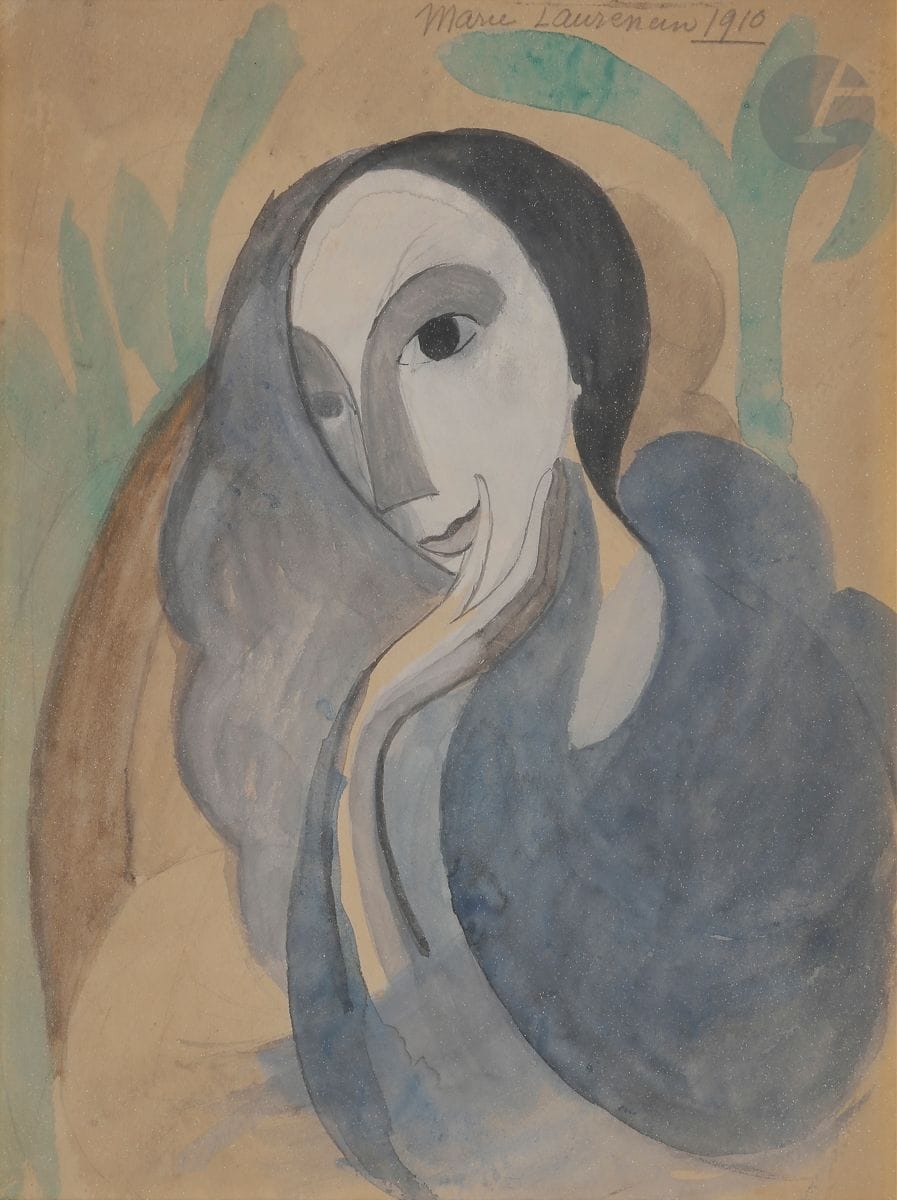 Marie LAURENCIN (1885-1956)
Jeune fille en bleu, 1910
Aquarelle.
Signée et datée en haut à droite.
27 x 21 cm

Provenance : 
- Collection Henri-Pierre Roché, Meudon.
- Galerie 65, Cannes (étiquette au dos sur le montage).
- Collection de Madame L., Neuilly-sur-Seine.

Expositions : 
- Le Cubisme, Musée National d'Art Moderne, Paris, 30 janvier - 9 avril 1953 (étiquette au dos sur le montage).
- Marie Laurencin, Kunteverein für die Rheilande und Westfalen, Kunsthalle Düsseldorf, 1957, n° 30.

Bibliographie : 
Daniel Marchesseau, Marie Laurencin 1883-1956 Catalogue raisonné, Volume II, Japon, Éditions du Musée Marie Laurencin, 1999, n° PP0196, reproduit en noir et blanc p. 319.