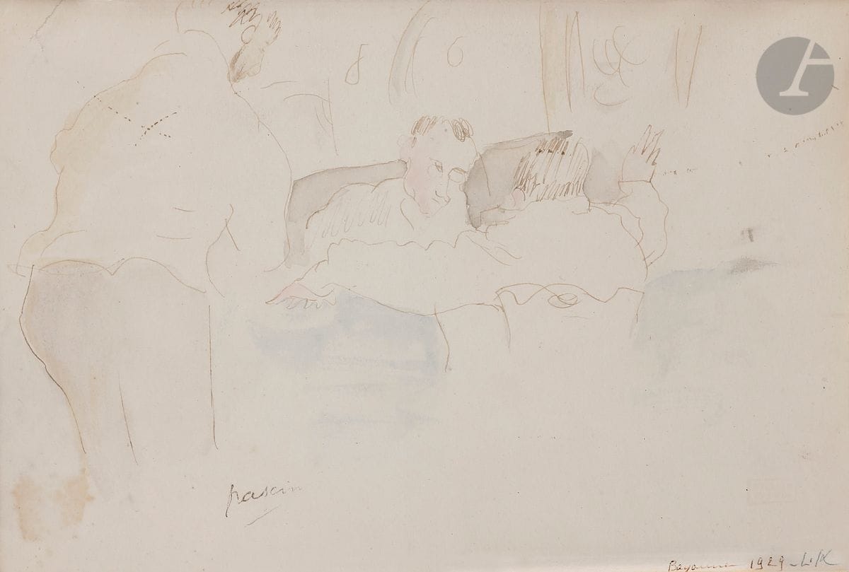 J. Pincas dit PASCIN (1885-1930)
Au café, 1929
Encre de chine et aquarelle
Cachet de l'artiste (Lugt 2014b).
Situé et daté " Bayonne 1929 " par Lucie Krogh en bas à droite.
(Tache en bas à droite).
14,6 x 22,8 cm

Nous remercions Madame Rosemarie Napolitano d'avoir confirmé l'authenticité de cette œuvre.