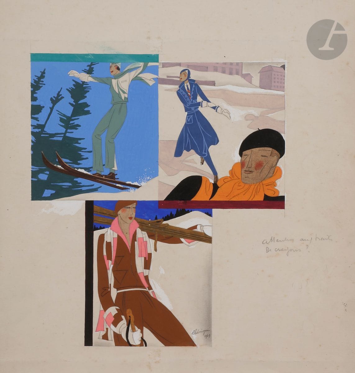 Léon BENIGNI (1892-1948)
Aux sports d'hiver, 1929
Gouache et traits de crayon en trois vignettes.
Signée et datée en pied.
36 x 32 cm