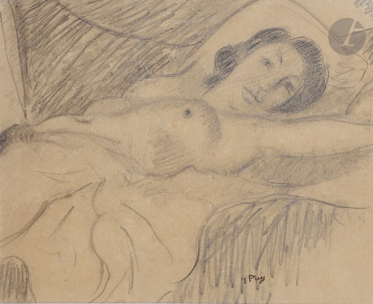 Jean PUY (1876-1960)
Nu alangui
Fusain et estompe.
Signé en bas à droite.
16 x 19 cm

Provenance : 
Collection Aristophil Aguttes, 1er avril 2019.